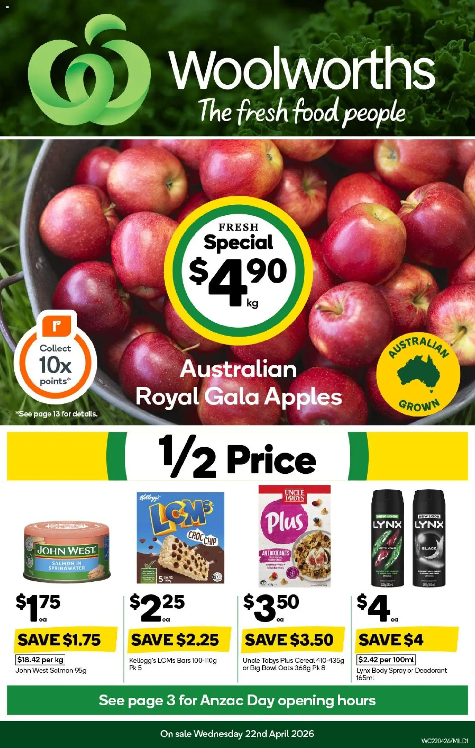 Woolworths catalogue - valid from 22.04.2026 | Page: 1 | Products: Apples, Deodorant, Oats, Cereal