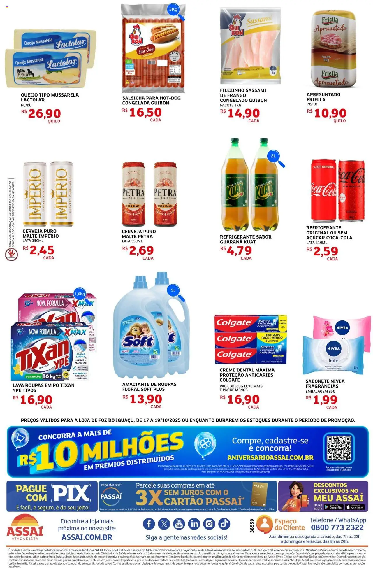 Assaí Atacadista Folheto - válido de 17.10.2025 | Página: 2 | Produtos: Salsicha, Leite, Açúcar, Telefone