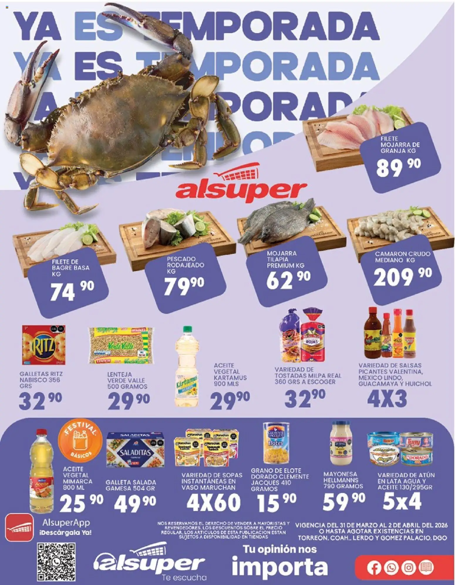 Nuevas ofertas de Alsuper válidas en toda la República Mexicana desde el 31.03.2026. ¡Encuentra las mejores ofertas en Alsuper folleto Torreon! | Página: 1 | Productos: Mayonesa, Atún, Galletas, Sobre
