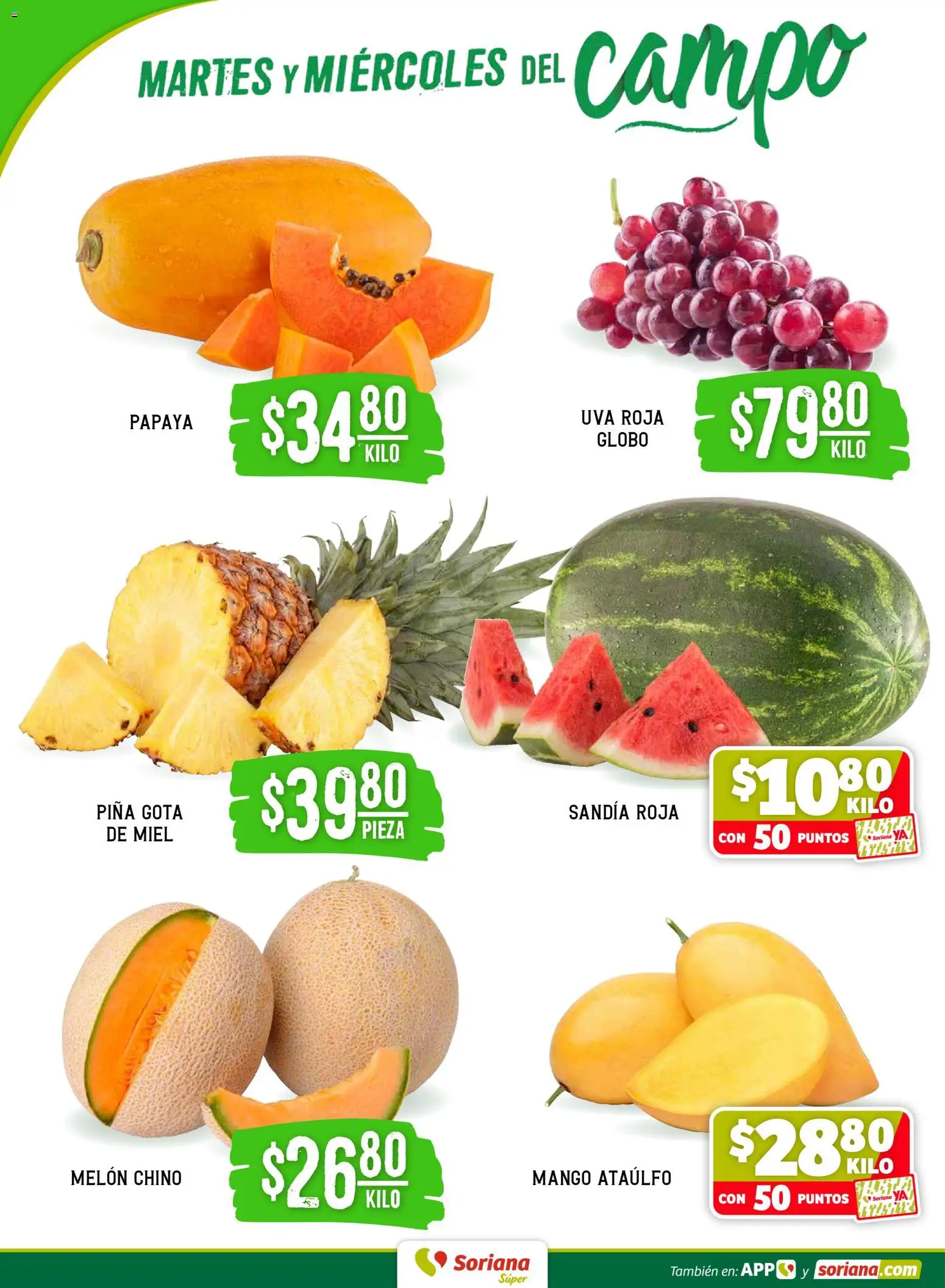 Nuevas ofertas de Soriana válidas en toda la República Mexicana desde el 24.03.2026. ¡Encuentra las mejores ofertas en Soriana Martes y Miércoles del Campo Súper: Ver, Tab, Chis, Camp, Yuc y Q. Roo! | Página: 2 | Productos: Melón, Mango, Uva, Piña