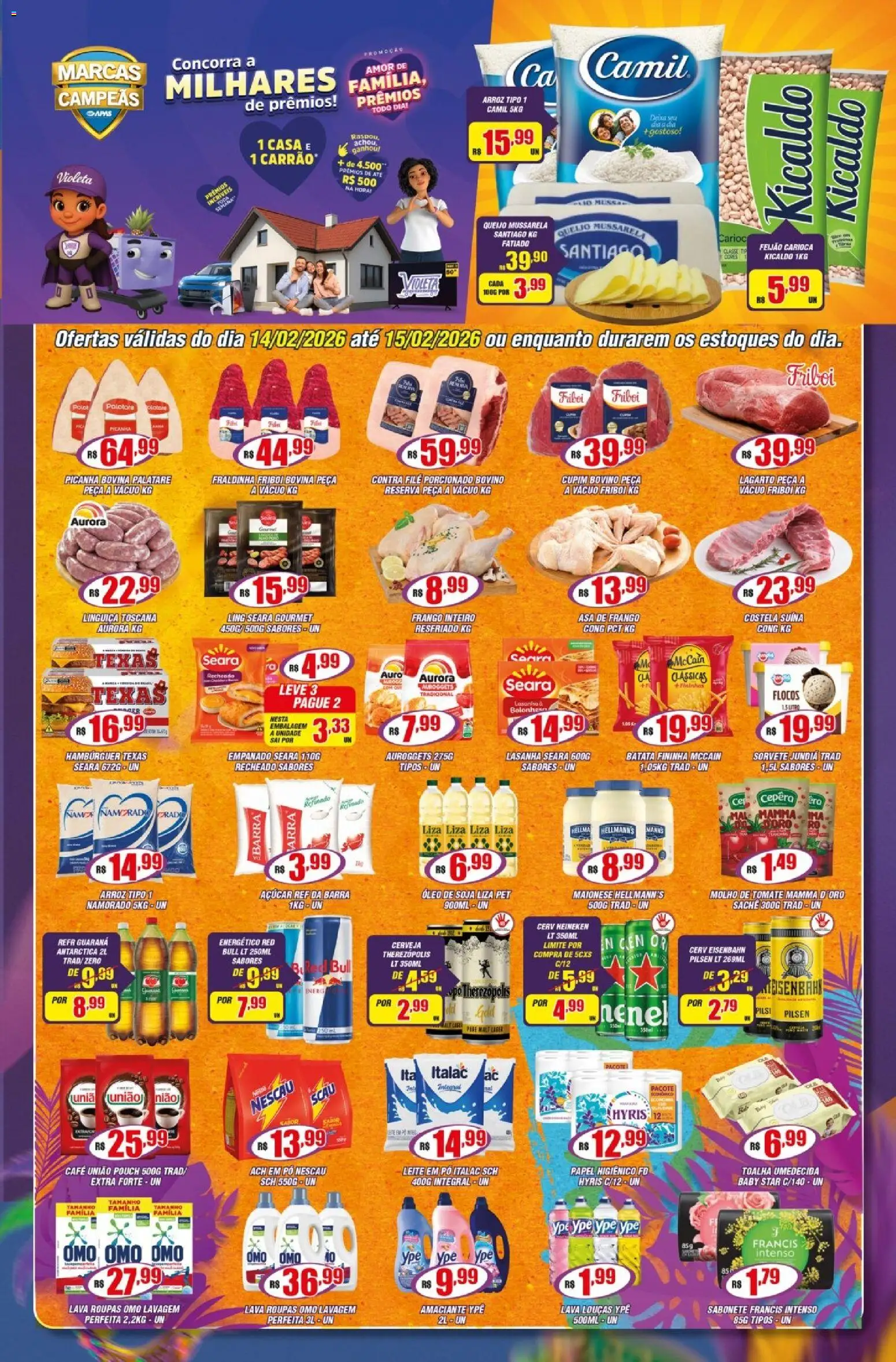 Violeta Supermercados Folheto - válido de 14.02.2026 | Página: 1 | Produtos: Guaraná, Contra filé, Óleo, Roupas