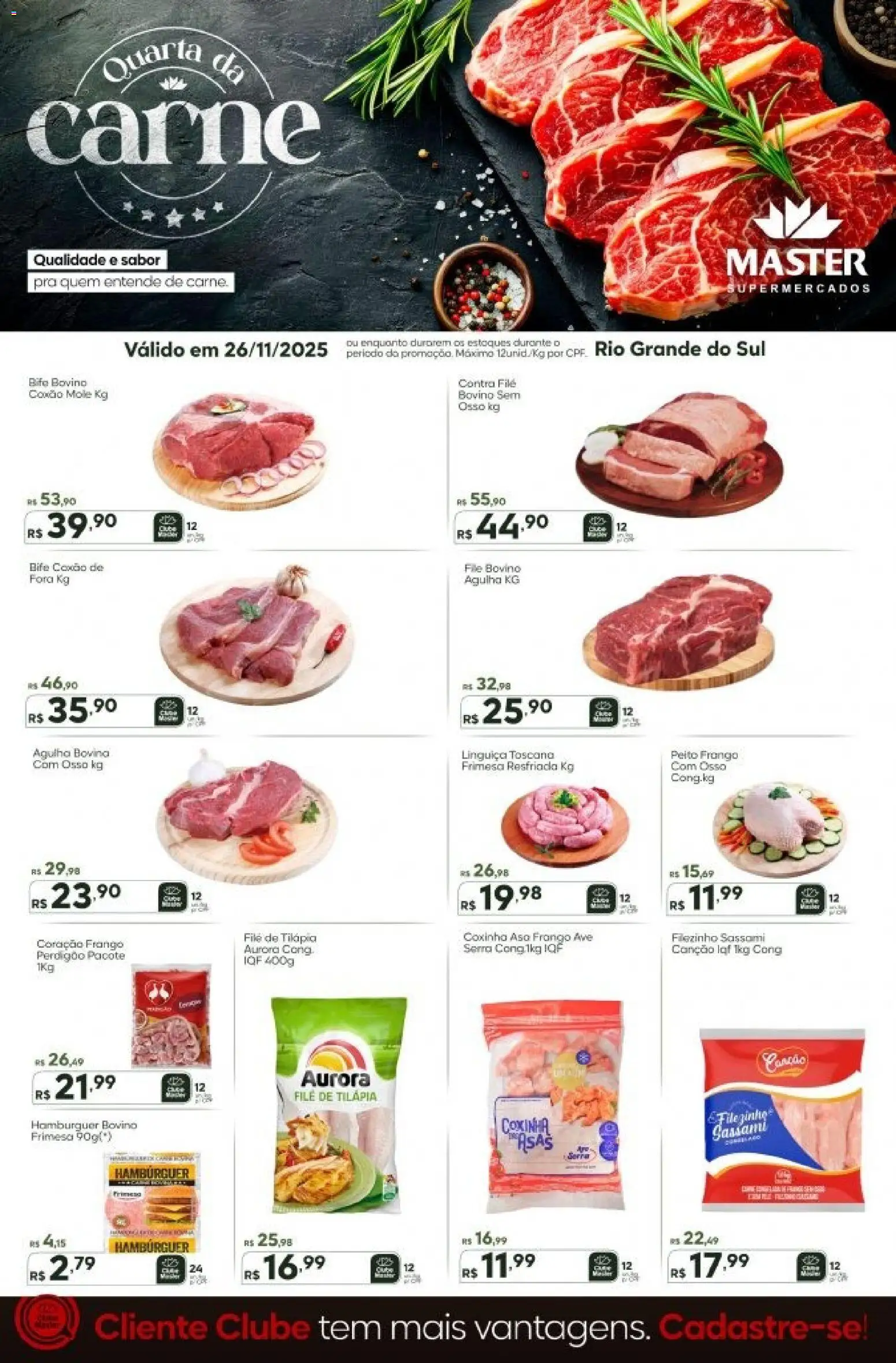 Master Folheto - válido de 26.11.2025 | Página: 1 | Produtos: Linguiça, Contra filé, Hambúrguer, Frango