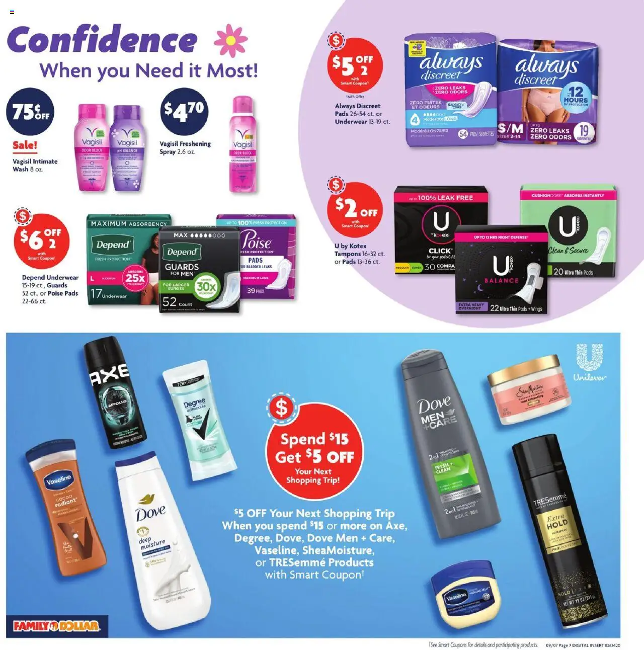 Family Dollar Weekly Ad - valid from 07.09.2025 | Page: 9 | Products: Conditioner, Hair spray, Pads, Tampons