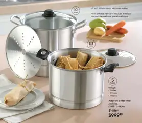 Vista previa de Juego de 2 ollas ideal Aluminio, Incluye: 2 Ollas, 2 Tapas, 1 Rejilla. 5 piezas. Olla de 10 litros y olla de 5.8 litros. 2 en 1. Úsalas como vaporeras u ollas. Con práctica rejilla que te ayuda a realizar una cocción uniforme y recetas al vapor., nuevo folleto de la tienda, válido en México a partir del 30.01.2026 | Página: 45 | Productos: Juego, Rejilla, Té, Olla