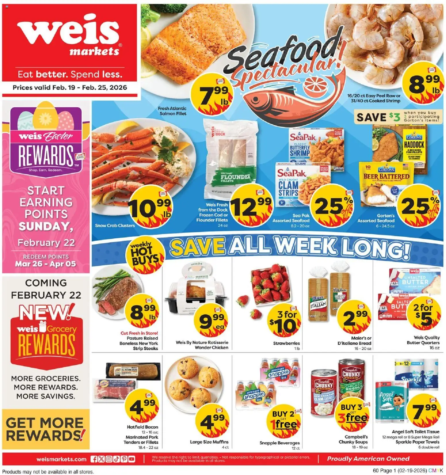 Weis Weekly Ad - valid from 19.02.2026 | Page: 1 | Products: Butter, Bread, Pork, Seafood