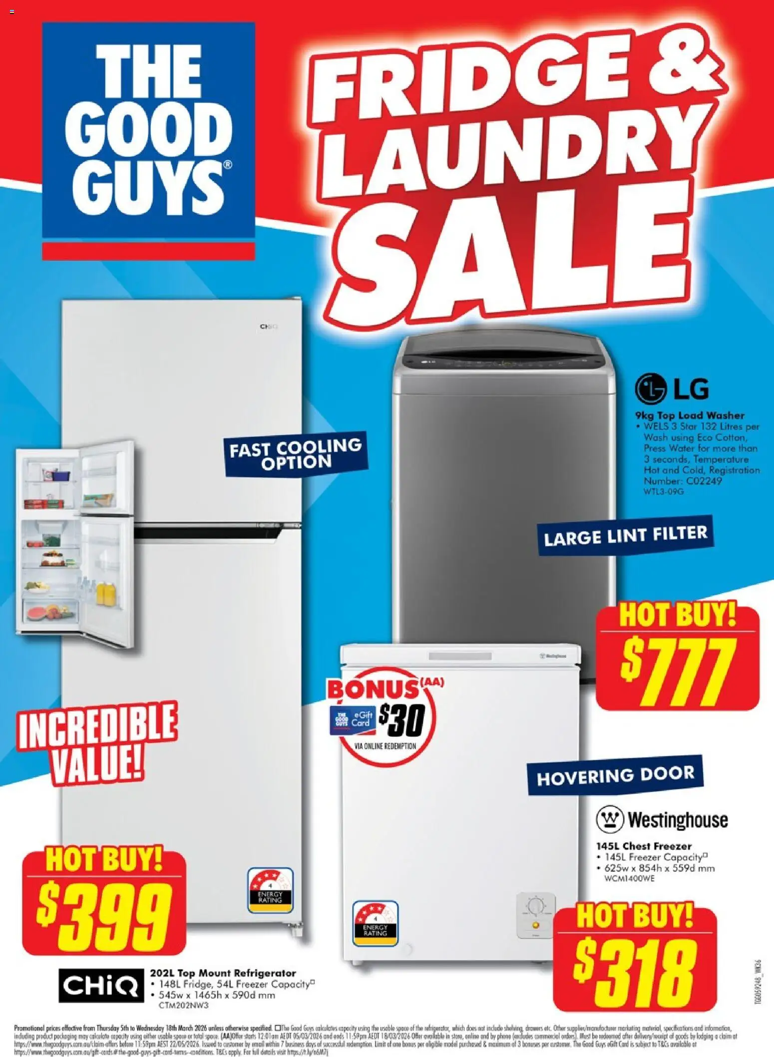 The Good Guys catalogue - valid from 05.03.2026 | Page: 1 | Products: Shorts, Freezer, Refrigerator, Press
