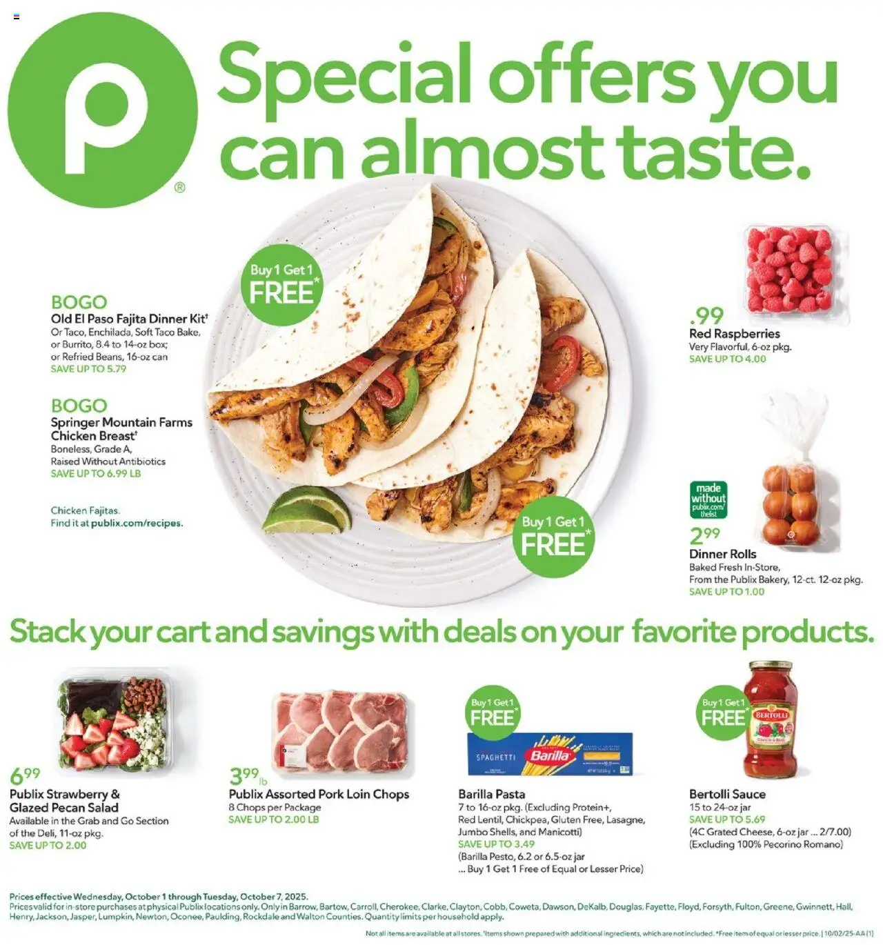 Publix Weekly Ad - valid from 01.10.2025 | Page: 1 | Products: Pork, Pasta, Salad, Sauce