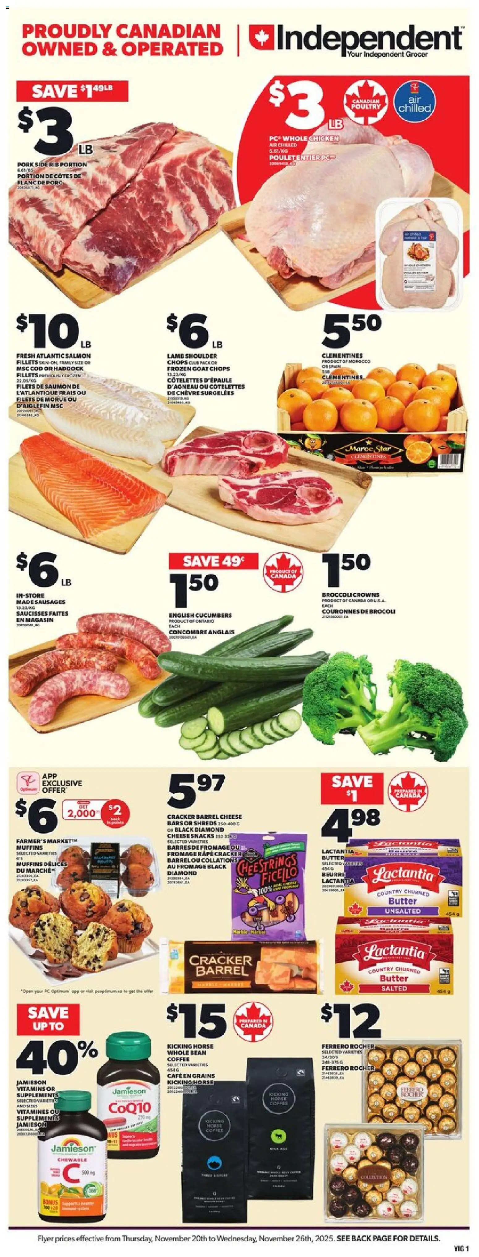 Independent Grocer flyer valid from 20.11.2025 | Page: 3 | Products: Cucumbers, PC, Butter, Chicken