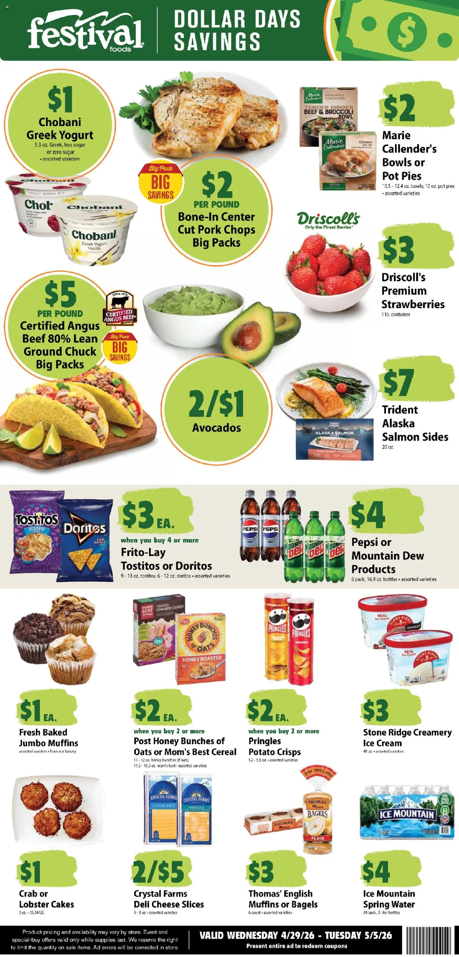 Festival Foods Weekly Ad - valid from 29.04.2026 | Page: 1 | Products: Berries, Pork, Cream, Ice cream