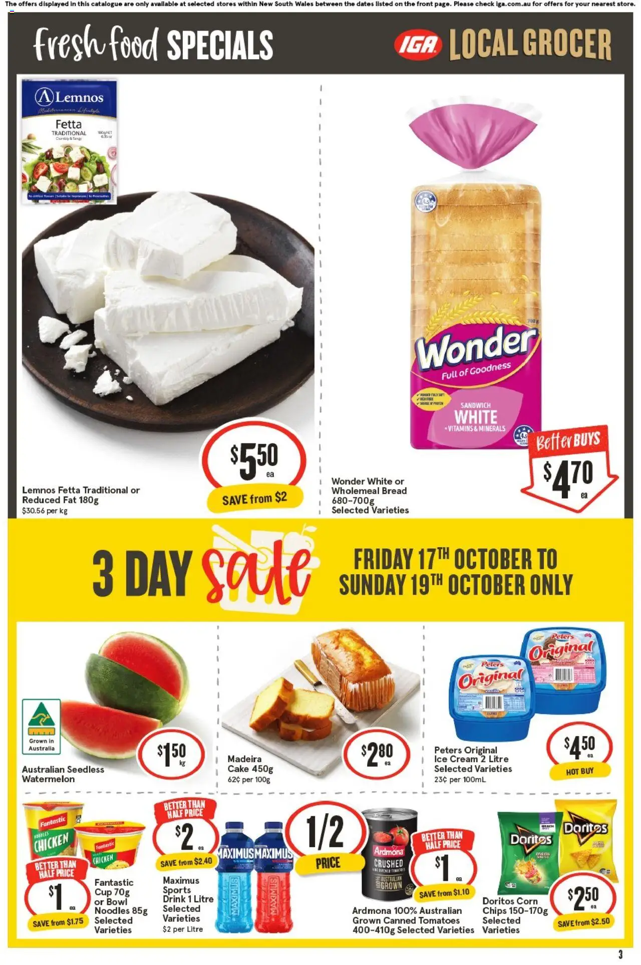 IGA catalogue - valid from 15.10.2025 | Page: 3 | Products: Bread, Noodles, Chips, Watermelon