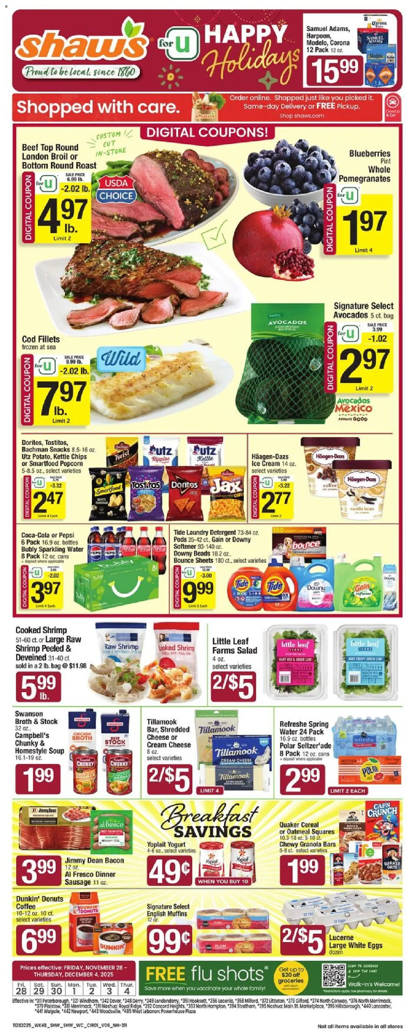 Shaw's Weekly Ad - NH - valid from 28.11.2025 | Page: 1 | Products: Coffee, Salad, Water, Sausage