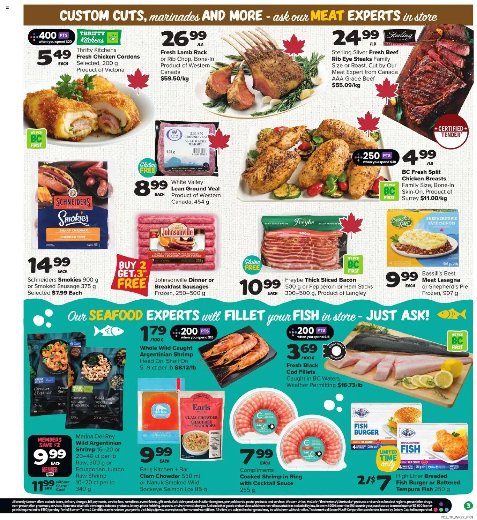 Thrifty Foods flyer valid from 30.10.2025 | Page: 4 | Products: Fish, Beef, Chicken breasts, Chicken