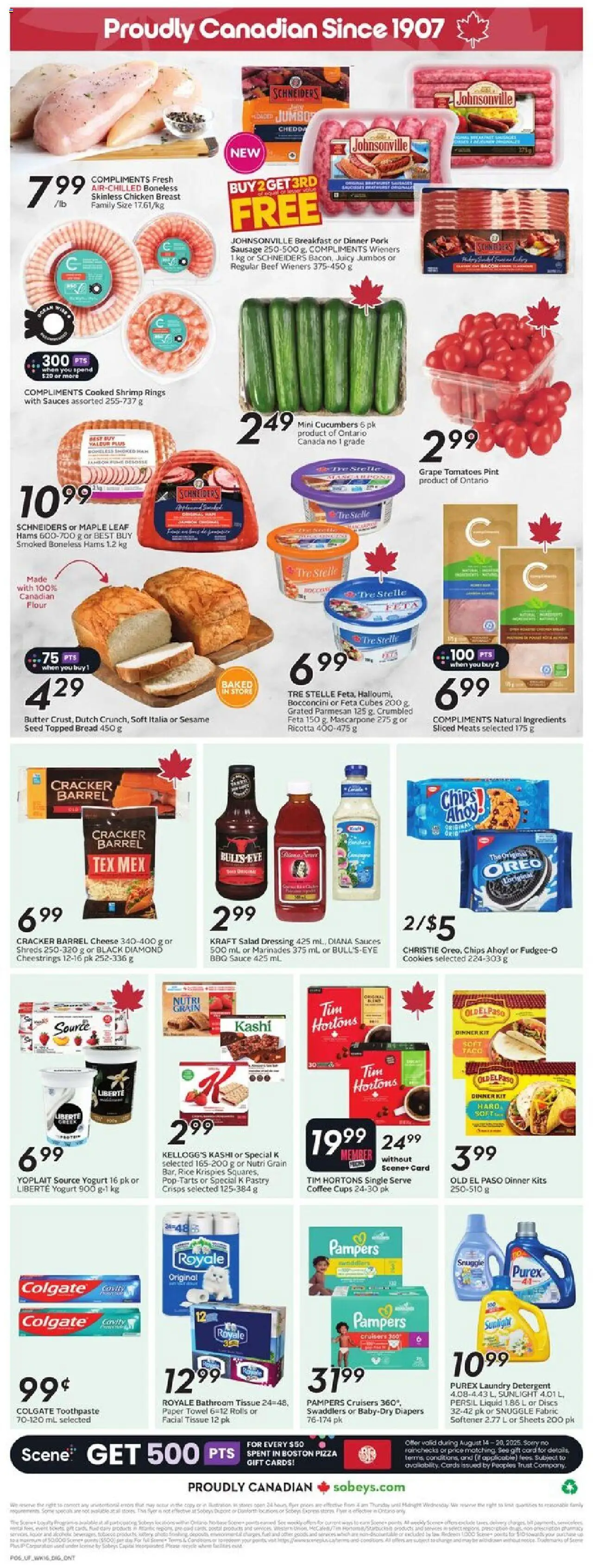 Sobeys flyer valid from 14.08.2025 | Page: 4 | Products: Beef, Salad, Toothpaste, Detergent