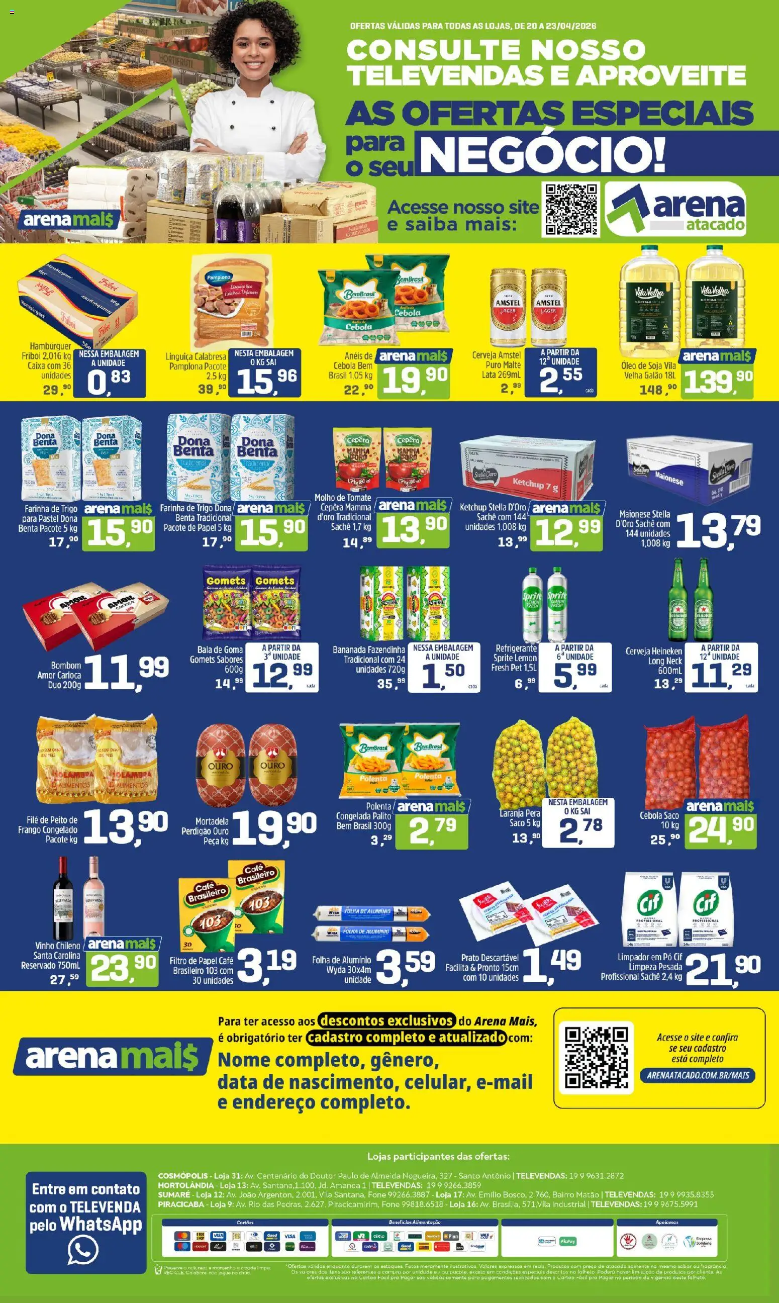 Arena Atacado Folheto - válido de 20.04.2026 | Página: 1 | Produtos: Mortadela, Cerveja, Maionese, Soja