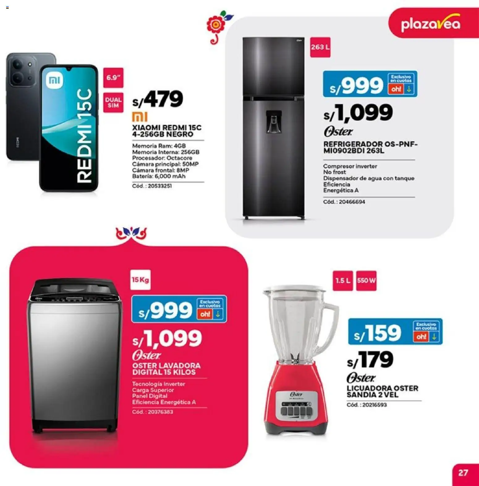 Catálogo Plaza Vea válido desde 14.11.2025 | Página: 27 | Productos: Batería, Cámara, Refrigerador, Licuadora