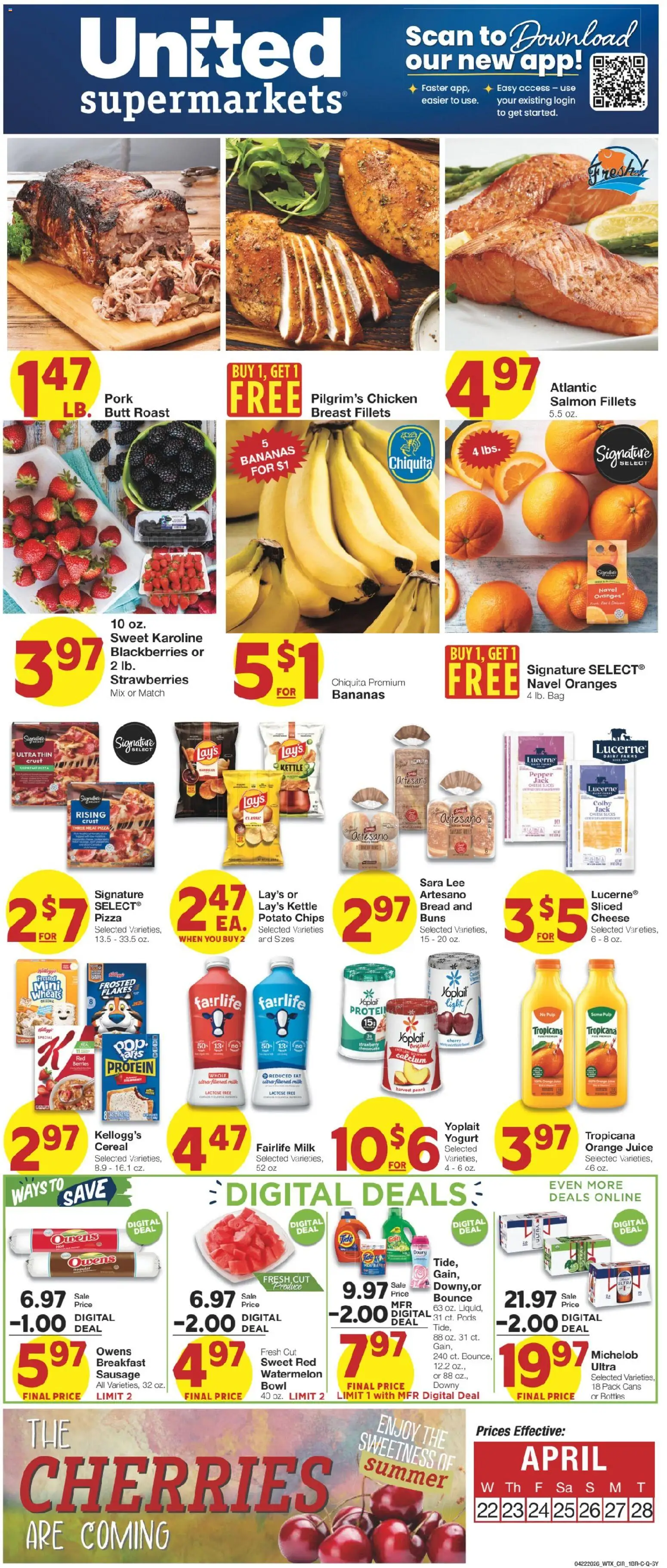 United Supermarkets Weekly Ad - valid from 22.04.2026 | Page: 1 | Products: Cherries, Juice, Peach, Bag