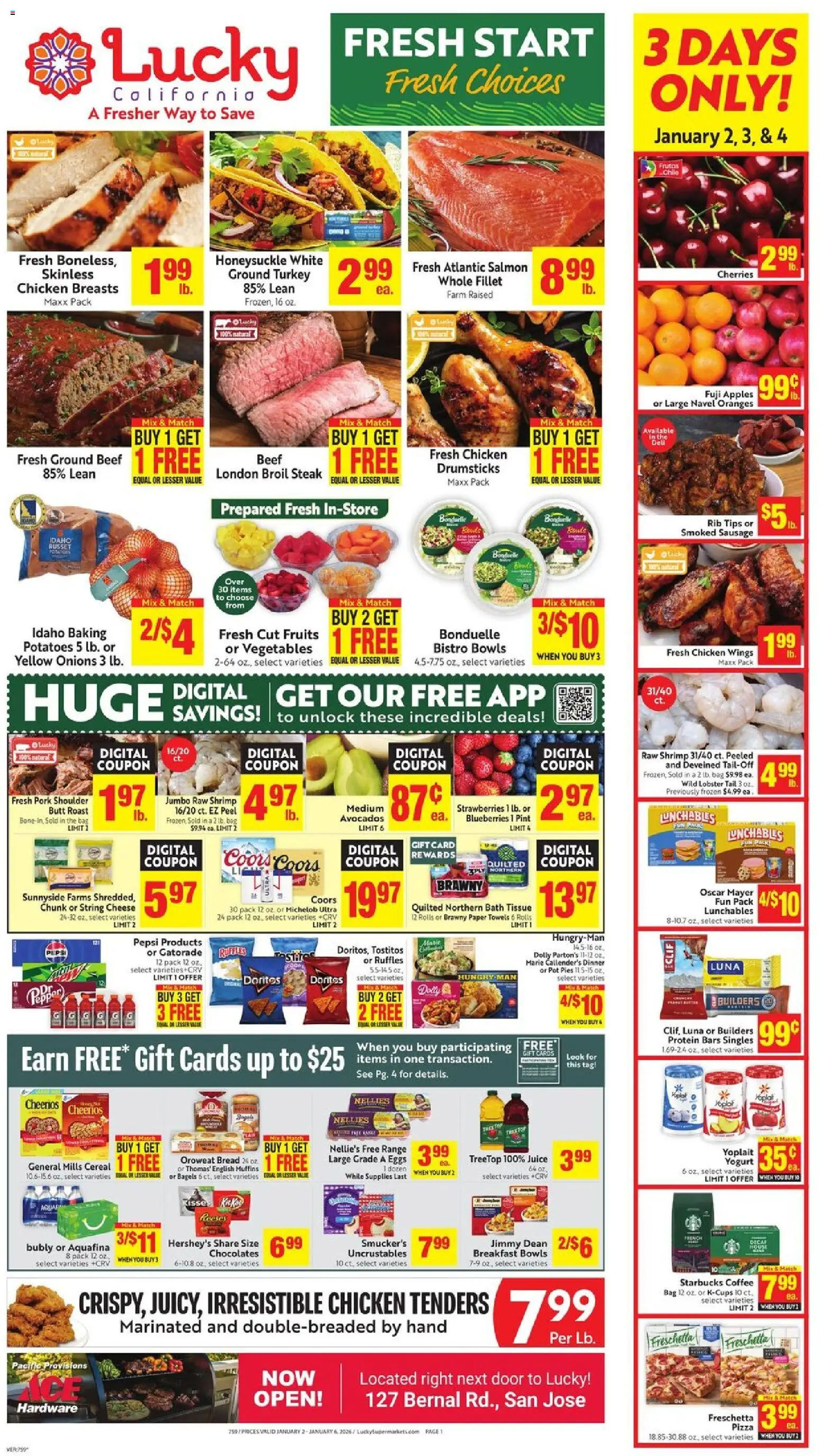 Lucky Supermarkets Weekly - CA - valid from 02.01.2026 | Page: 1 | Products: Yogurt, Eggs, Pepper, Sausage