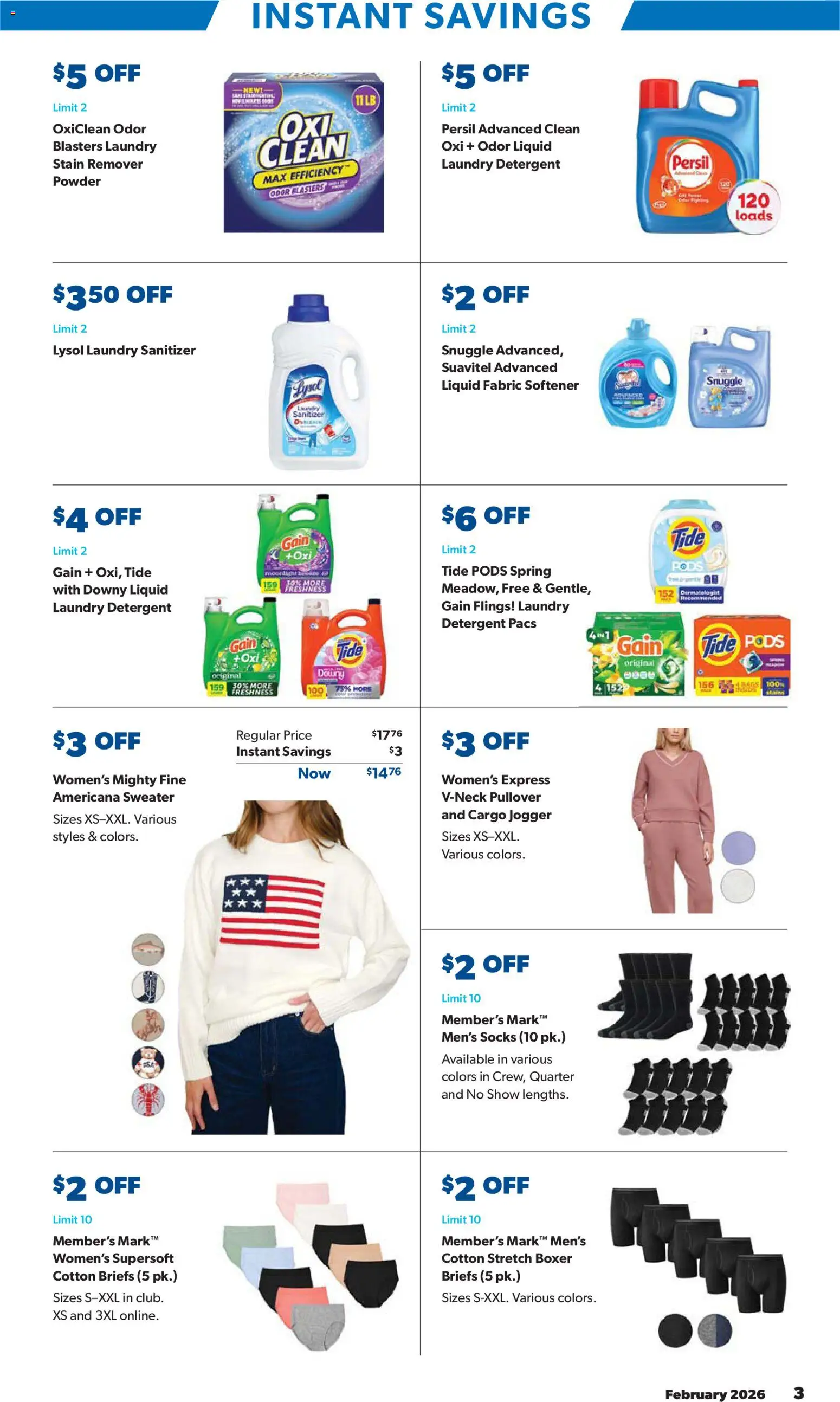 Sam's Club Instant Savings Book February - valid from 28.01.2026 | Page: 3 | Products: Fabric softener, Stain remover, Detergent, Socks