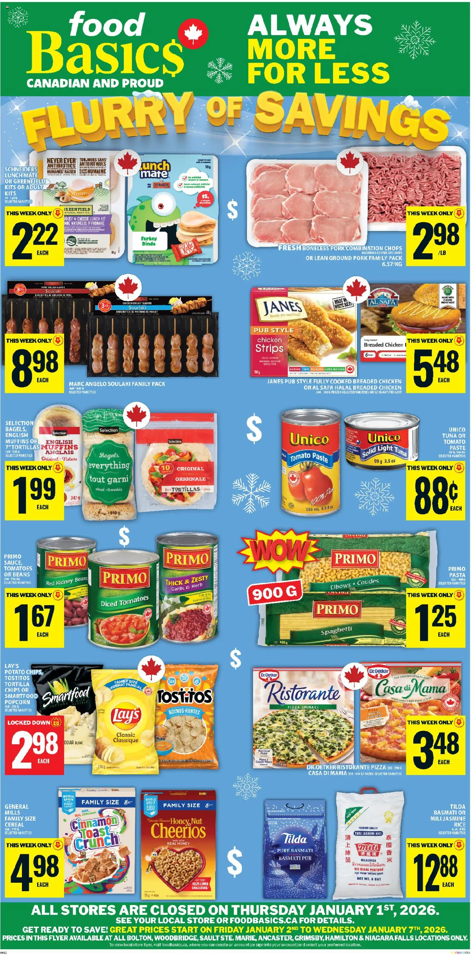Food Basics flyer valid from 01.01.2026 | Page: 1 | Products: Pasta, Chips, Turkey, Tomatoes