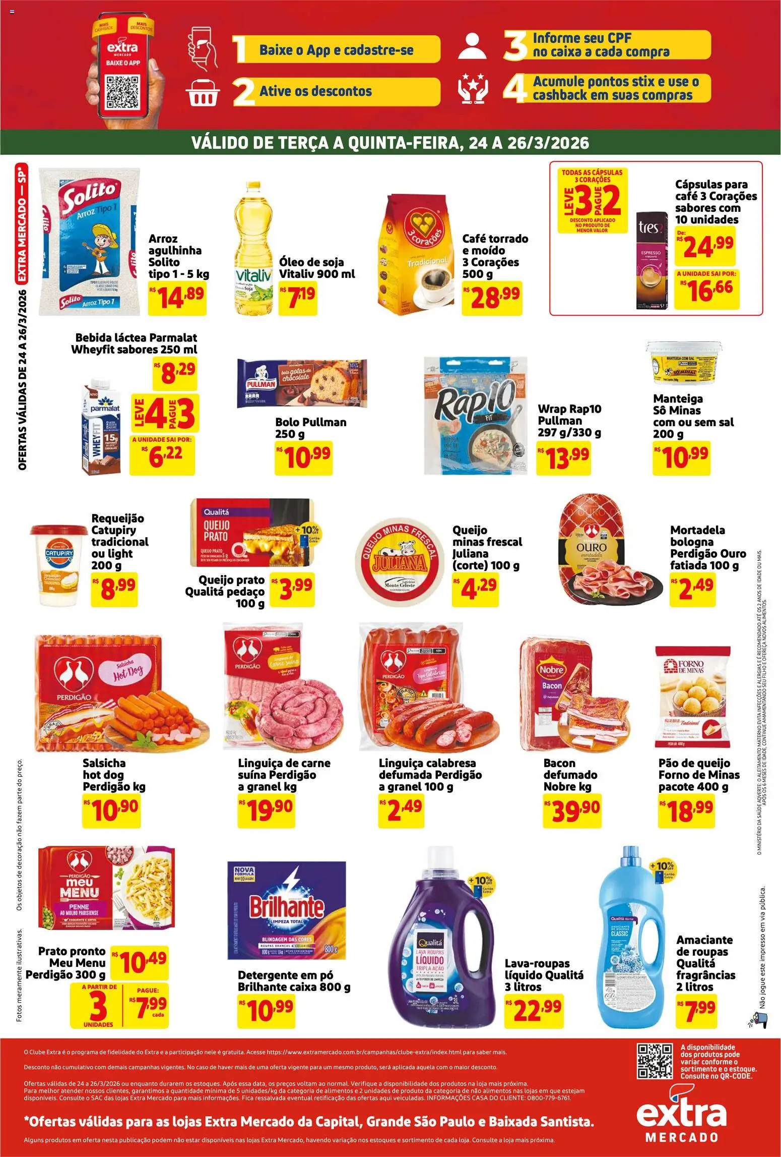 Extra Folheto - válido de 24.03.2026 | Página: 2 | Produtos: Capsulas 3 corações, Mortadela, Requeijão, Soja