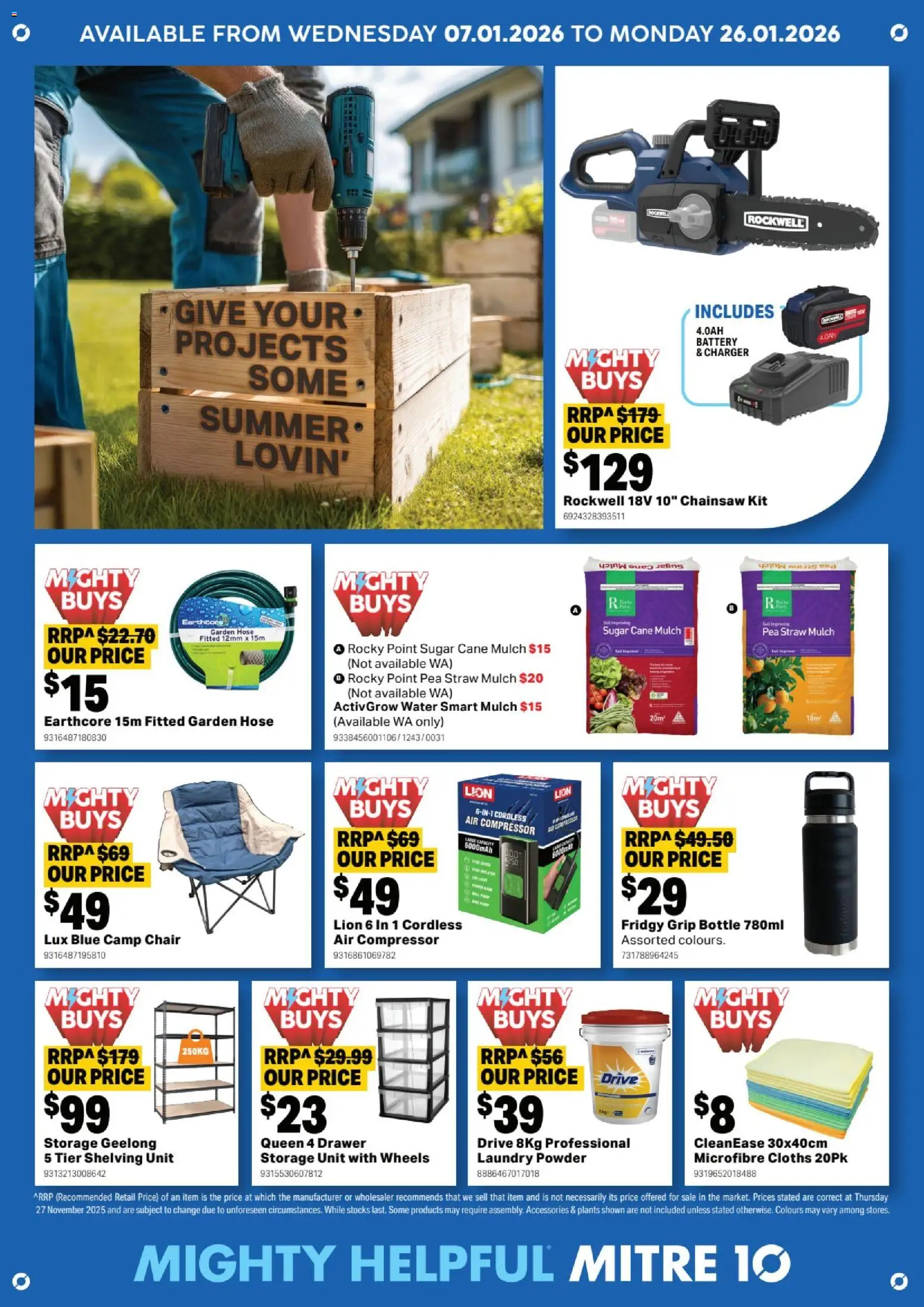 Mitre 10 catalogue - valid from 07.01.2026 | Page: 1 | Products: Battery, Charger, Water, Chainsaw