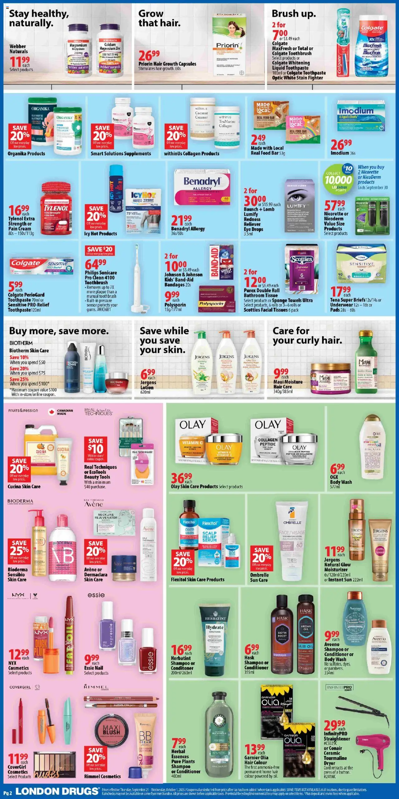 London Drugs flyer valid from 25.09.2025 | Page: 2 | Products: Cream, Dryer, Body wash, Toothpaste