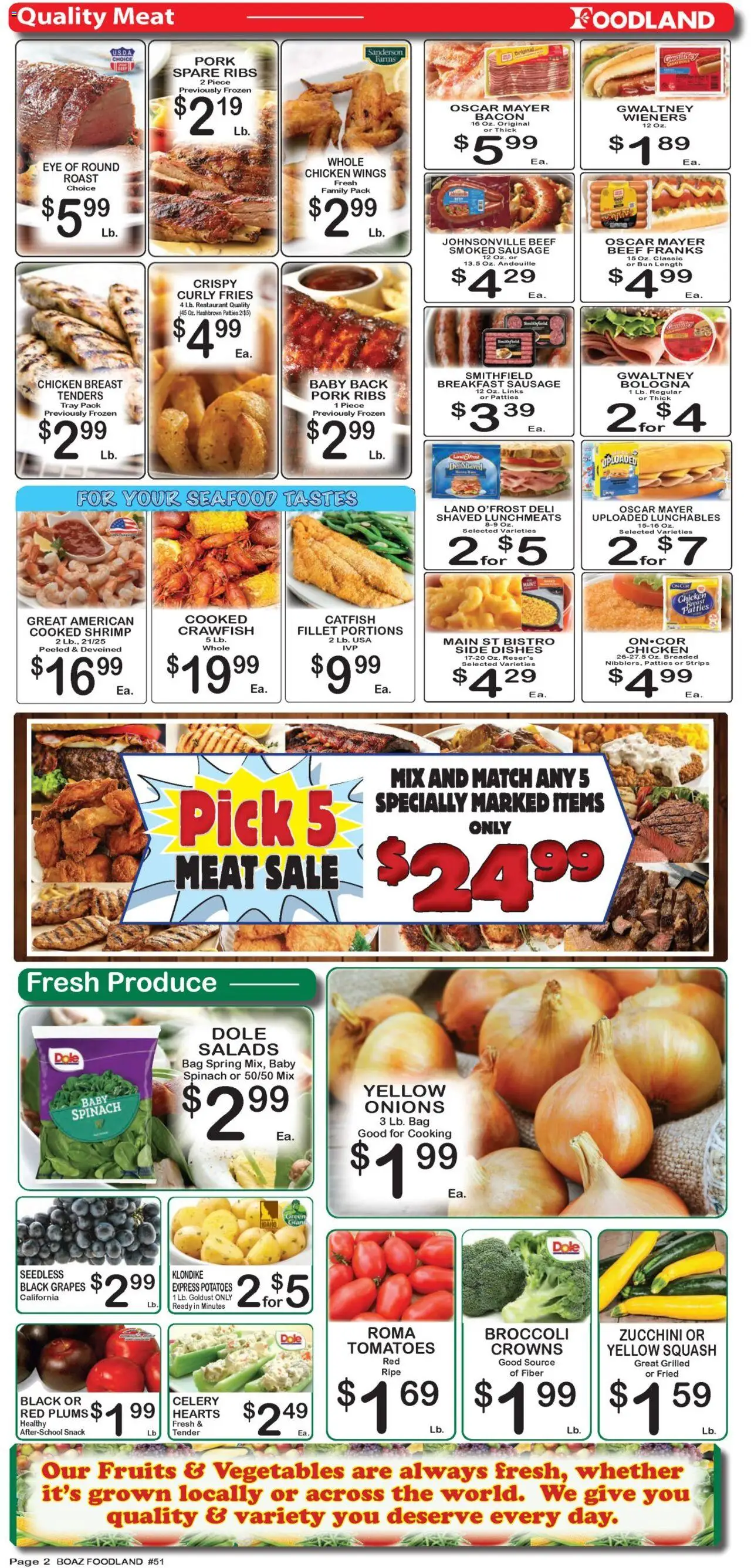 Foodland Weekly Ad - valid from 05.08.2025 | Page: 2 | Products: Spinach, Tomatoes, Fruits, Sausage