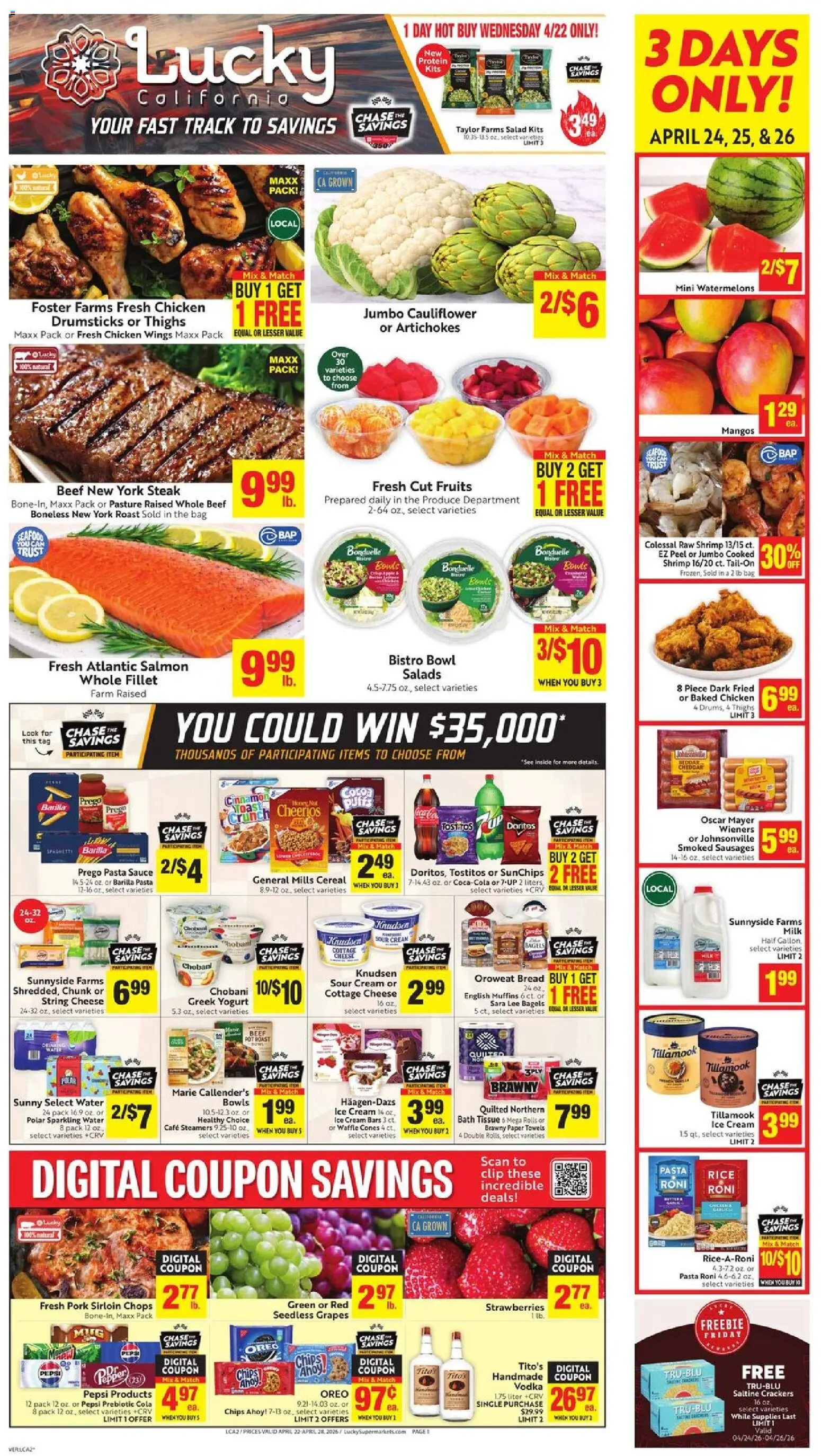 Lucky Supermarkets Weekly - AK - valid from 22.04.2026 | Page: 1 | Products: Milk, Pasta, Chips, Ice cream
