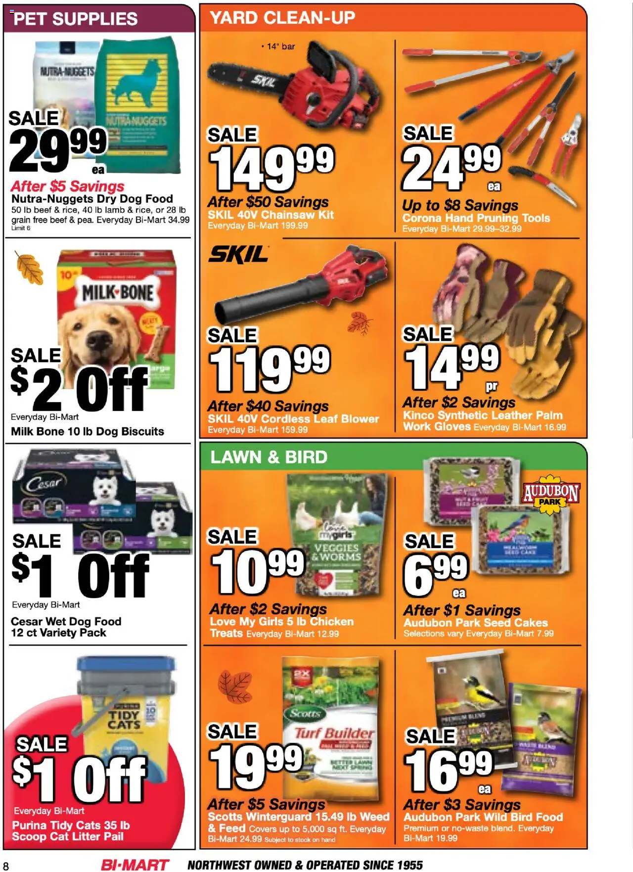 Bi-Mart Weekly Ad - valid from 14.10.2025 | Page: 8 | Products: Dog Food, Milk, Gloves, Blower