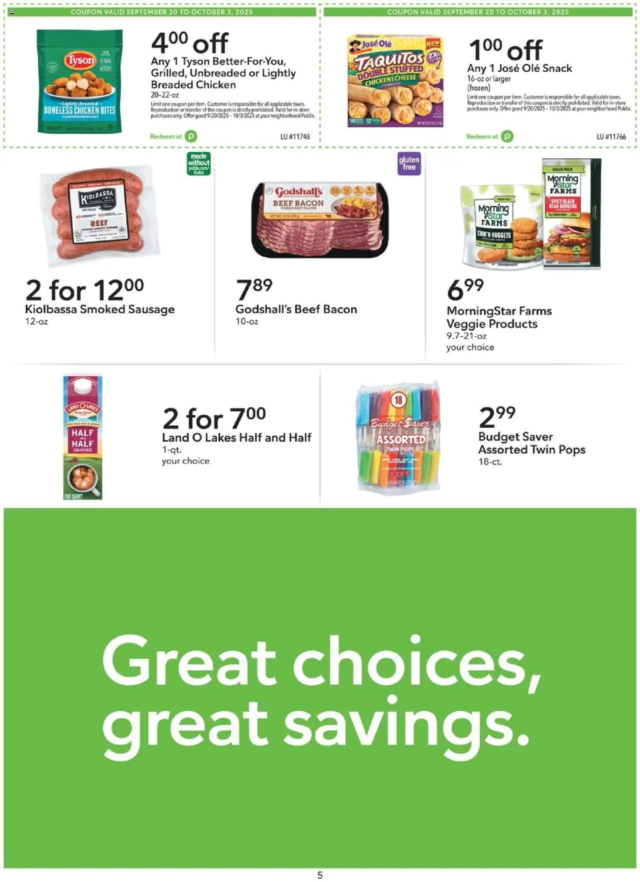 Publix Extra Savings - valid from 20.09.2025 | Page: 5 | Products: Cheese, Beef, Sausage