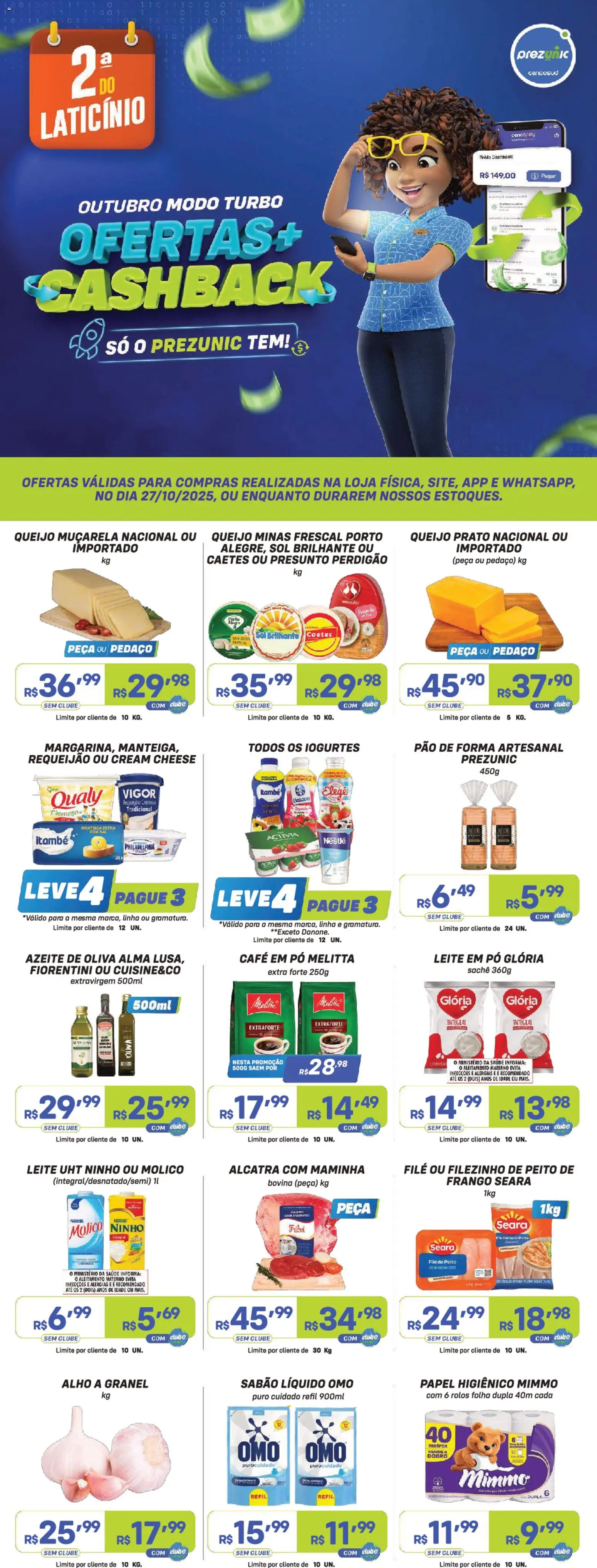 Prezunic Folheto - válido de 27.10.2025 | Página: 1 | Produtos: Alho, Leite, Queijo, Muçarela