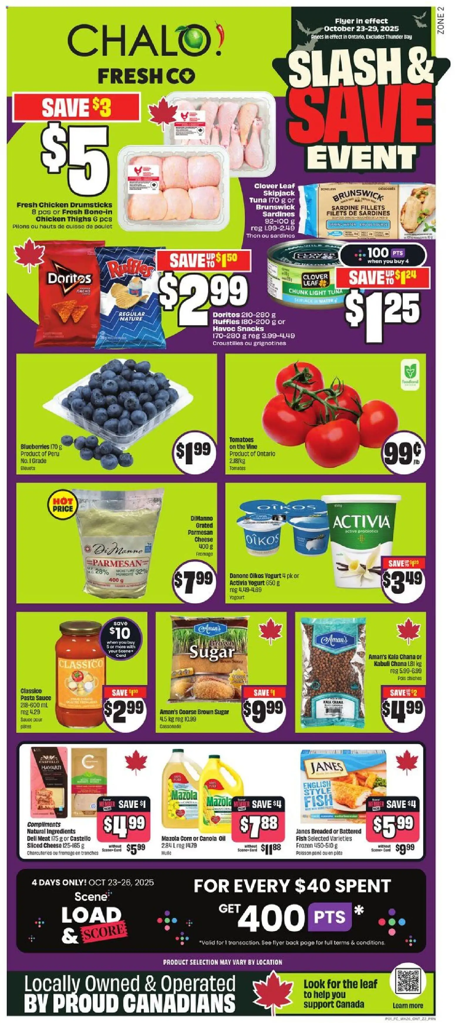 FreshCo flyer valid from 23.10.2025 | Page: 1 | Products: Fish, Cheese, Chicken, Tomatoes