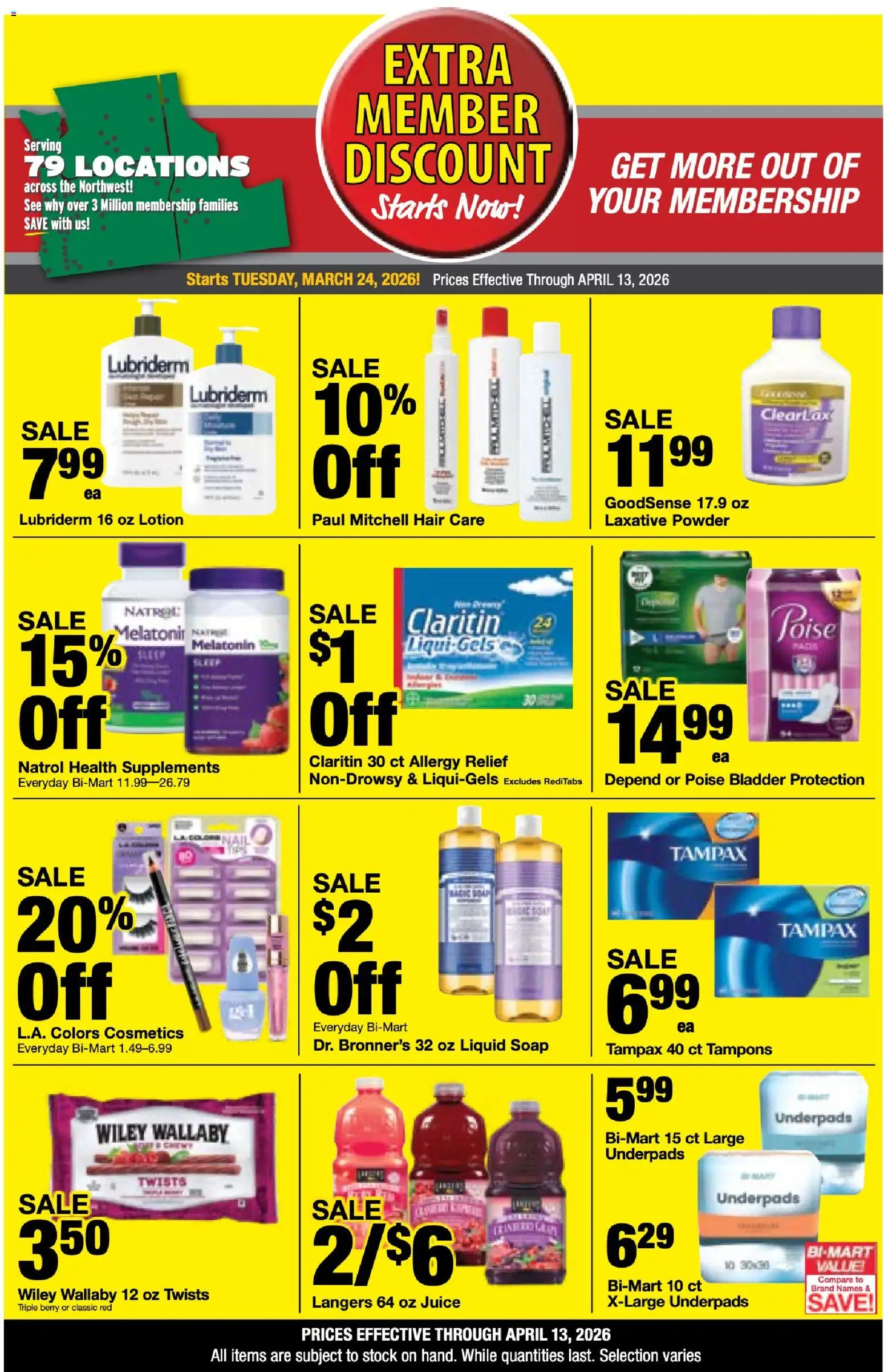 Bi-Mart Extra Membership Discount - valid from 24.03.2026 | Page: 10 | Products: Melatonin, Powder, Soap, Tampons