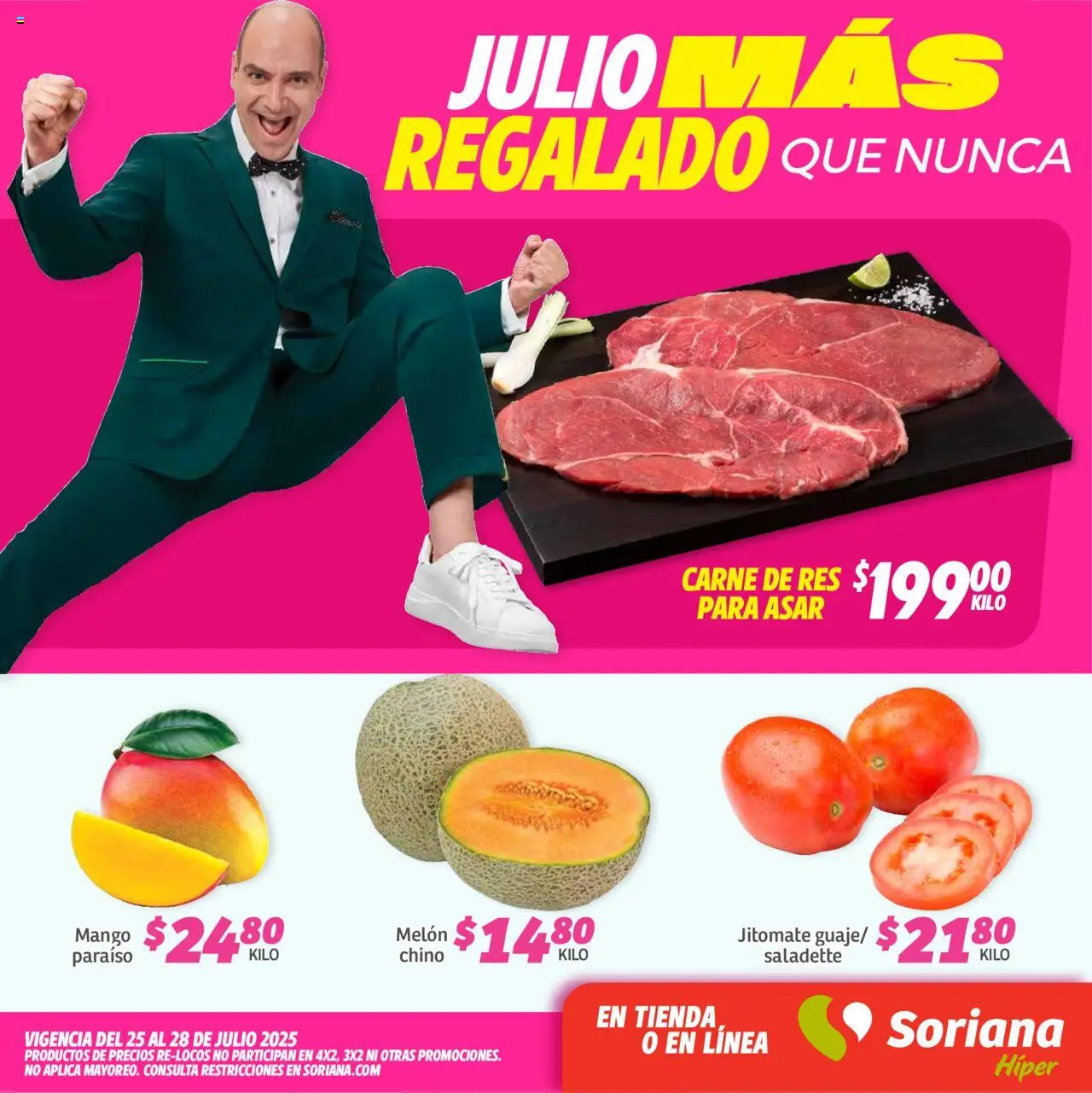 Nuevas ofertas de Soriana válidas en toda la República Mexicana desde el 25.07.2025. ¡Encuentra las mejores ofertas en Soriana - Fin de Semana Híper: Juárez! | Página: 1 | Productos: Melón, Mango, Res