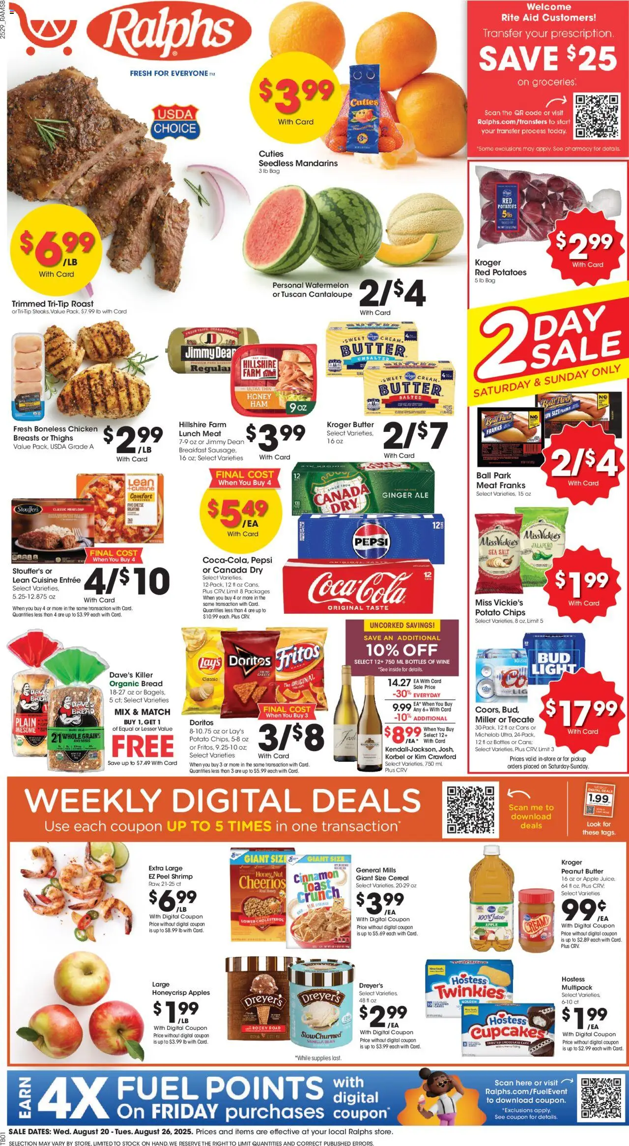 Ralphs Weekly Ad - valid from 20.08.2025 | Page: 1 | Products: Bread, Wine, Salt, 2人掛けソファ