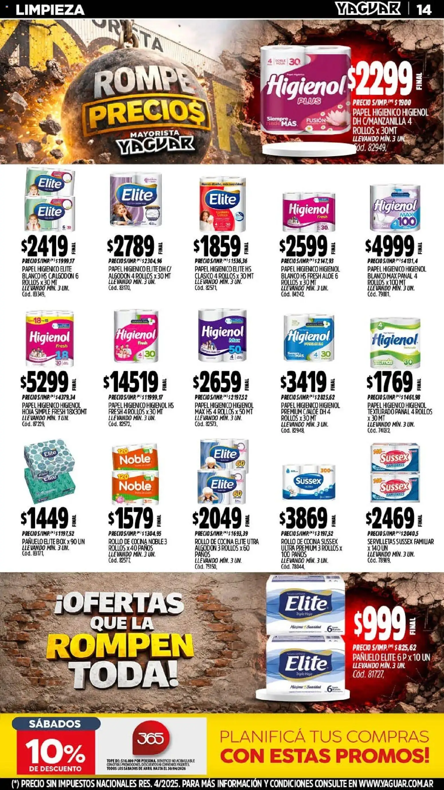 Yaguar - Oferta Semanal Neuquen │ válido desde el 13.04.2026 | Página: 14 | Productos: Papel higiénico, Algodón, Cocina, Servilletas