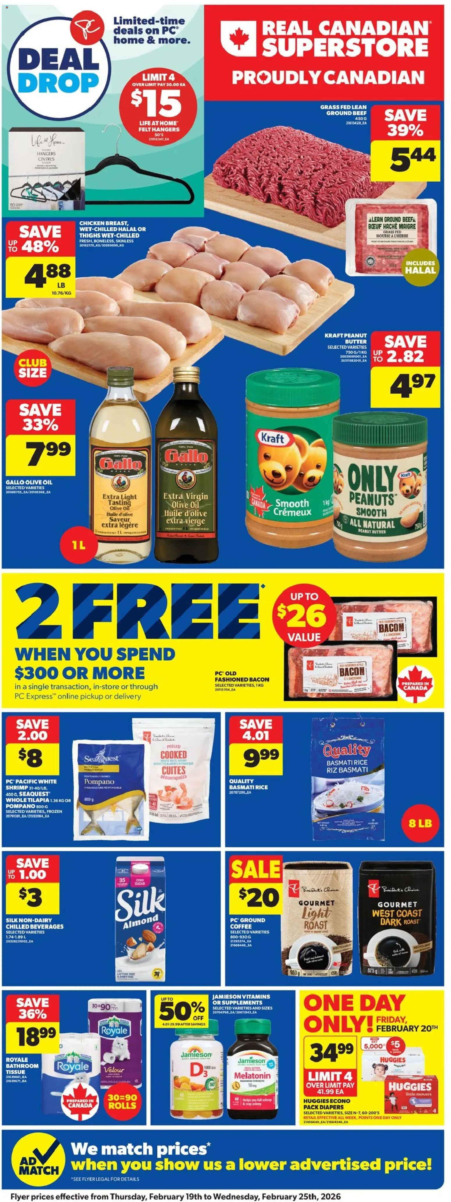 Real Canadian Superstore flyer valid from 19.02.2026 | Page: 3 | Products: Rice, Oil, Coffee, Chicken