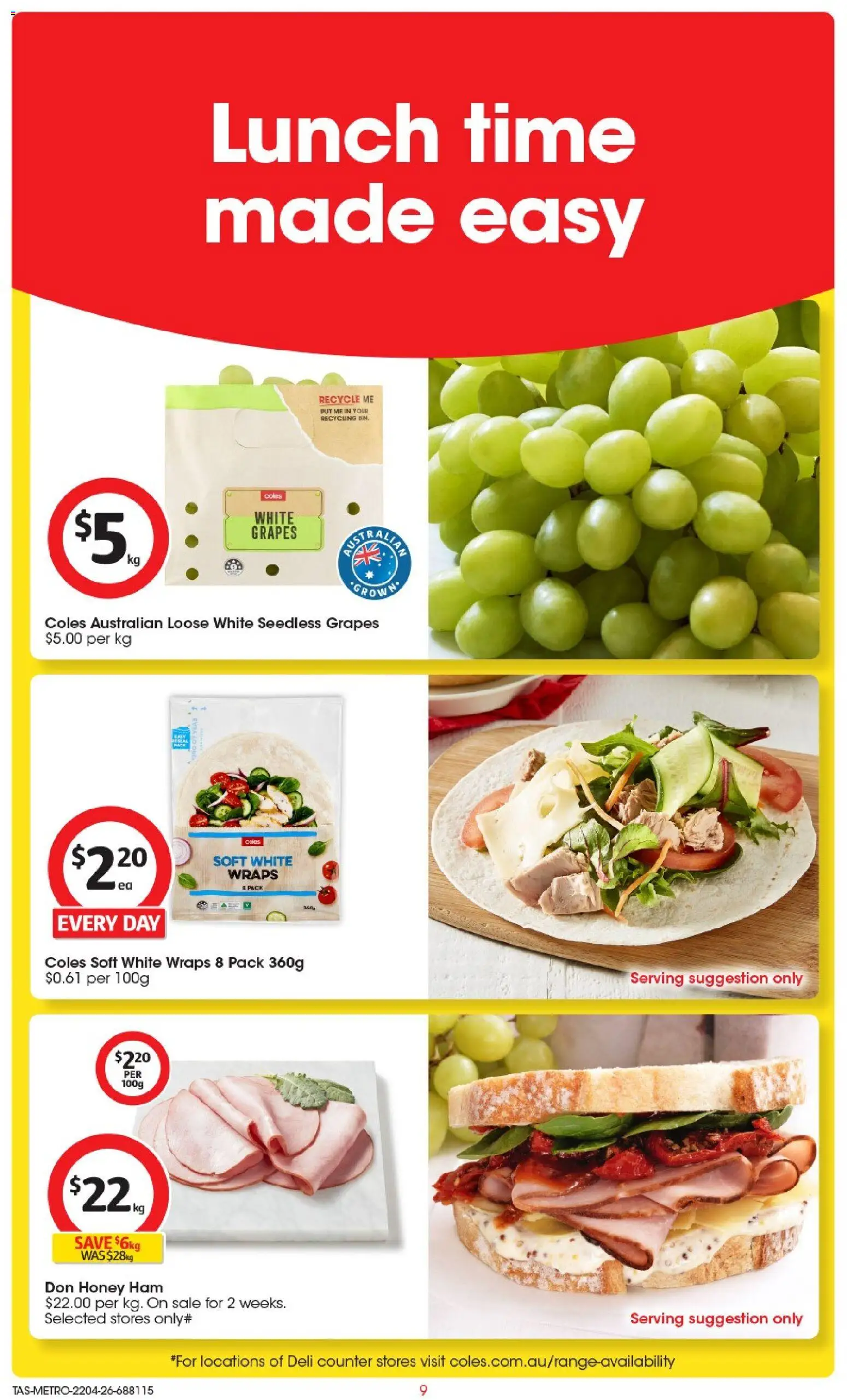 Coles catalogue - valid from 22.04.2026 | Page: 9 | Products: Ham, Honey, Grapes