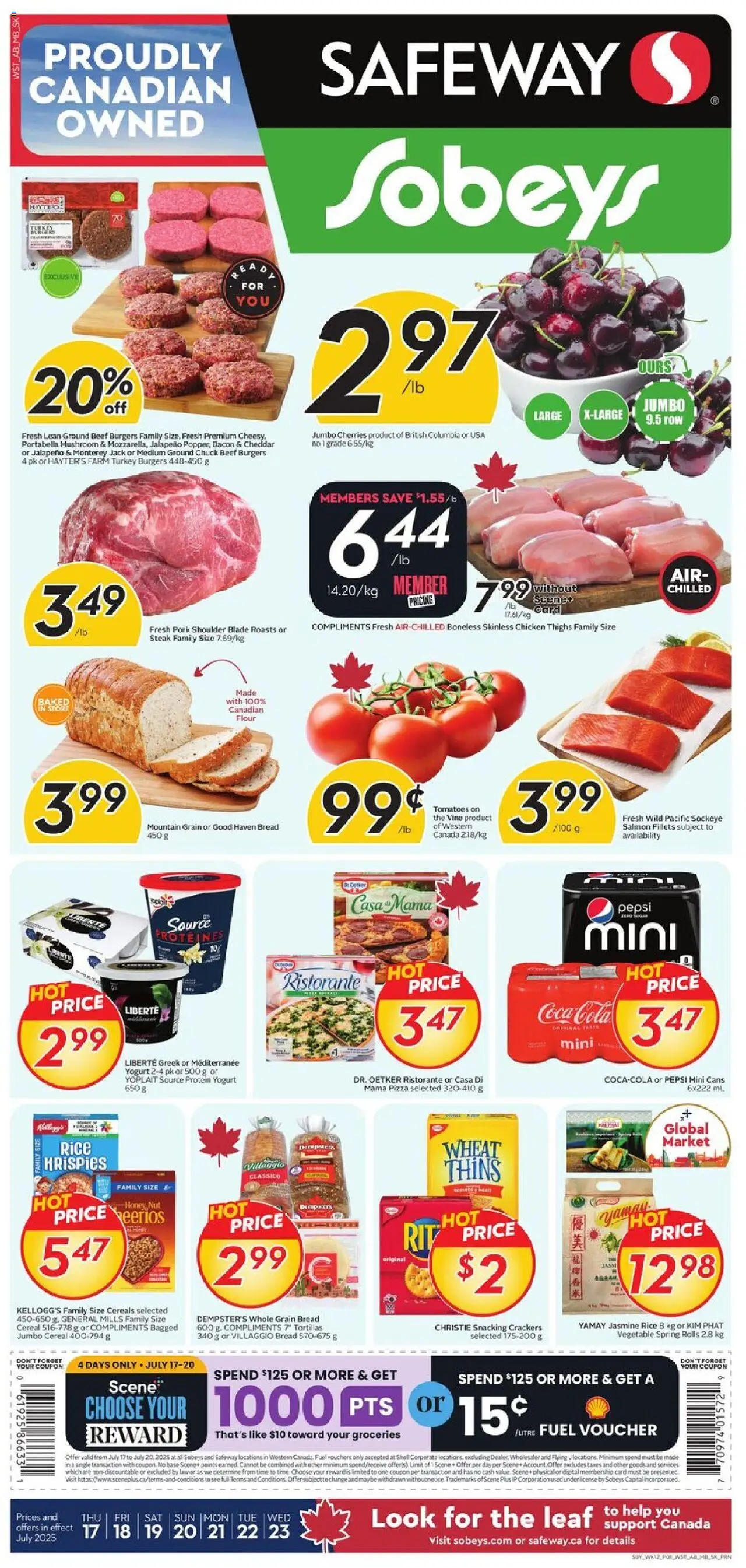 Sobeys flyer valid from 17.07.2025 | Page: 1 | Products: Beef, Cereals, Yogurt, Pork