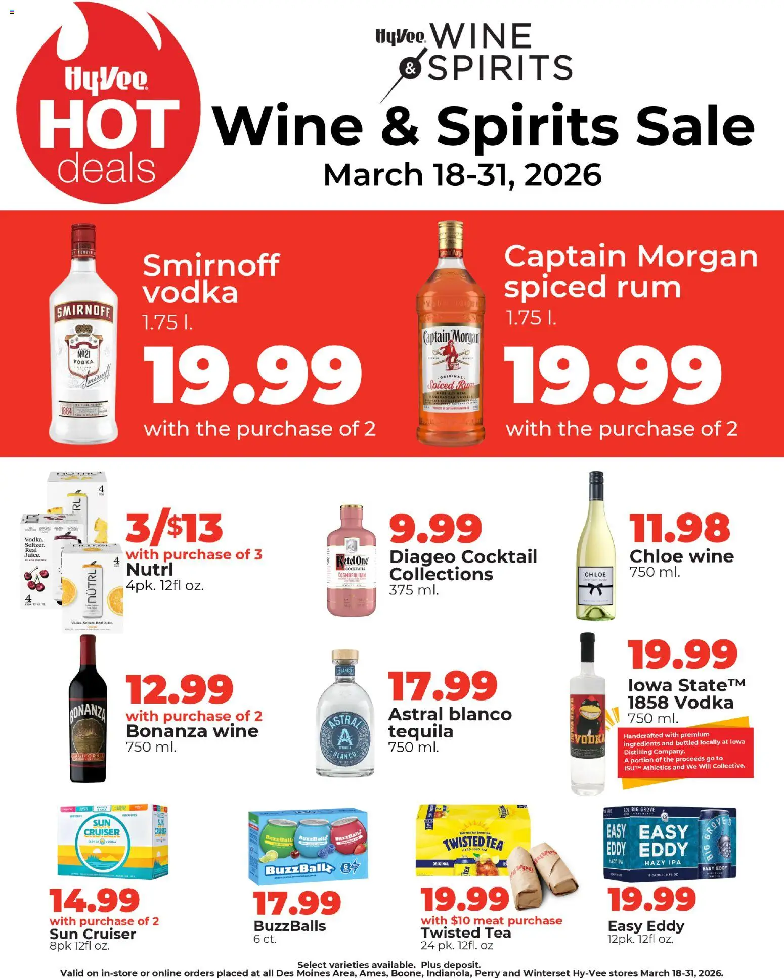 HyVee Wine & Spirits Specials March - valid from 18.03.2026 | Page: 1 | Products: Juice, Wine, Tea, Vodka