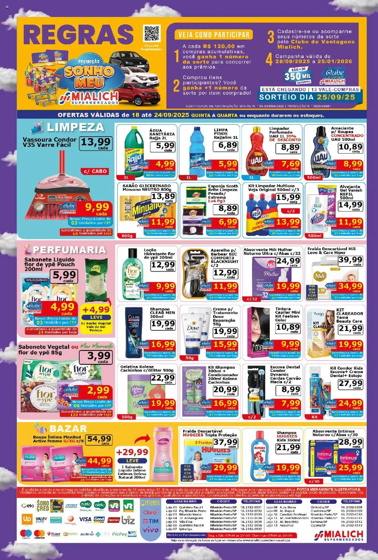Mialich Supermercados Folheto - válido de 18.09.2025 | Página: 4 | Produtos: Limpador multiuso, Roupas, Telefone, Fraldas
