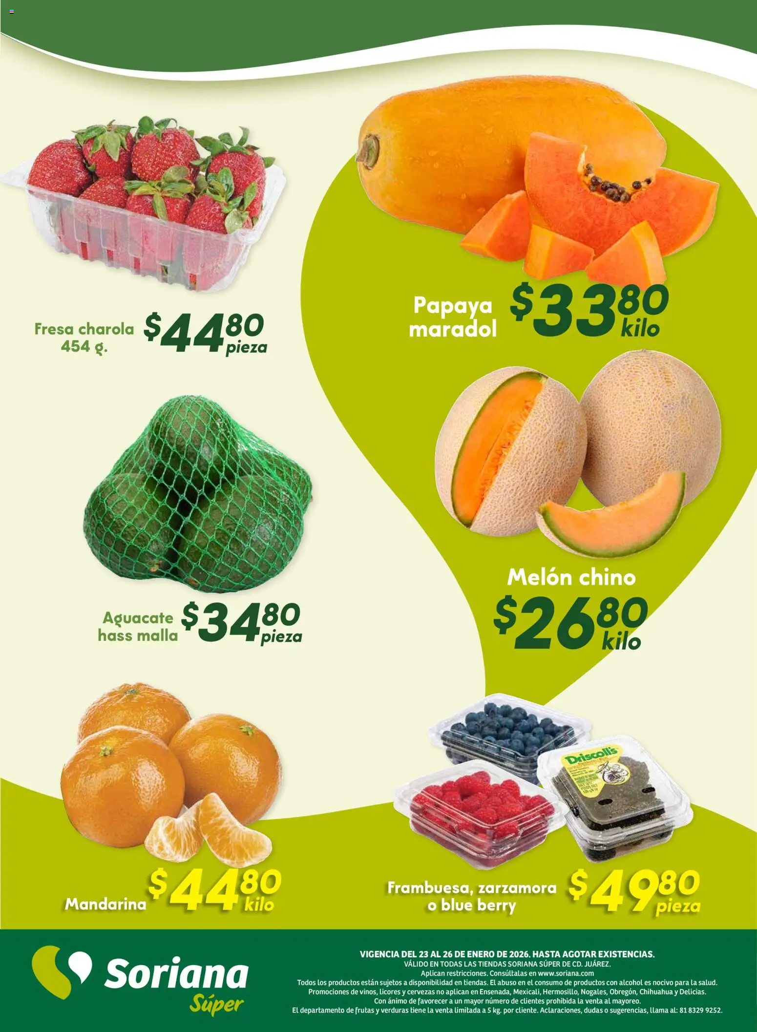 Nuevas ofertas de Soriana válidas en toda la República Mexicana desde el 22.01.2026. ¡Encuentra las mejores ofertas en Soriana - Fin de Semana Súper: Juárez! | Página: 9 | Productos: Fresa, Melón, Aguacate, Malla
