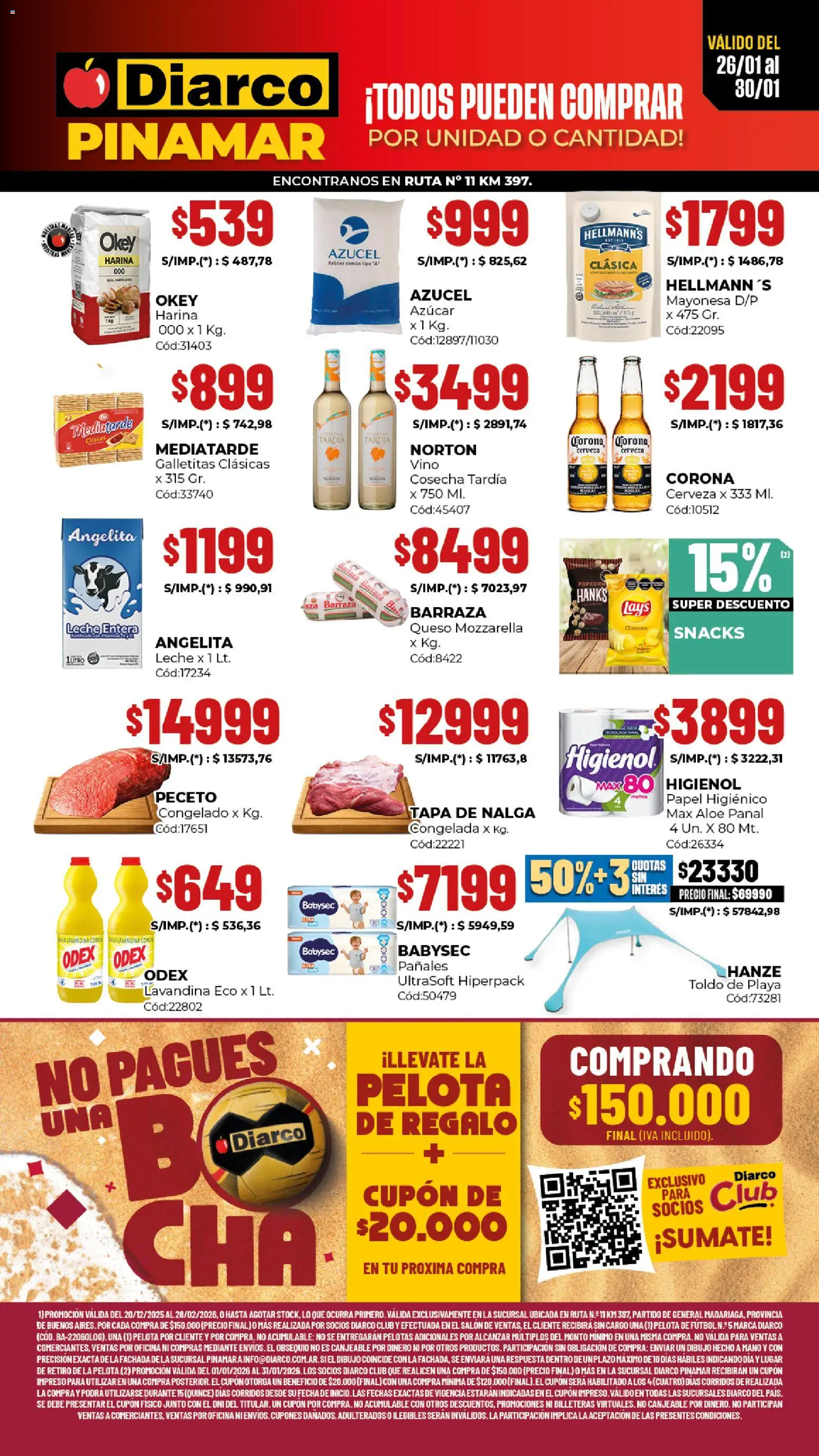 Diarco - Ofertas Pinamar │ válido desde el 26.01.2026 | Página: 1 | Productos: Papel higiénico, Azucar, Leche, Cerveza
