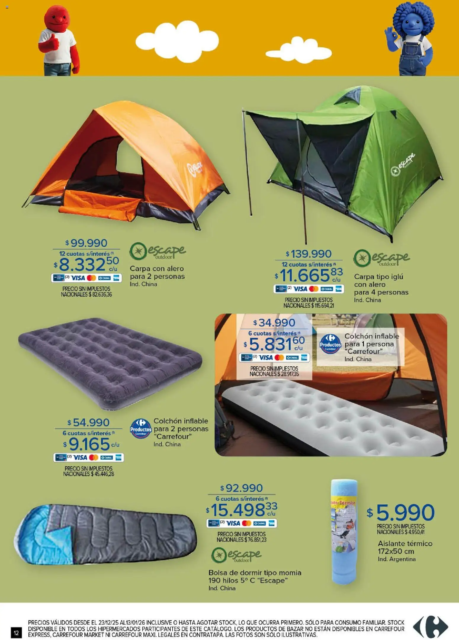 Carrefour ofertas │ válido desde el 23.12.2025 | Página: 12 | Productos: Carpa, Bolsa de dormir, Bolsa, Colchón
