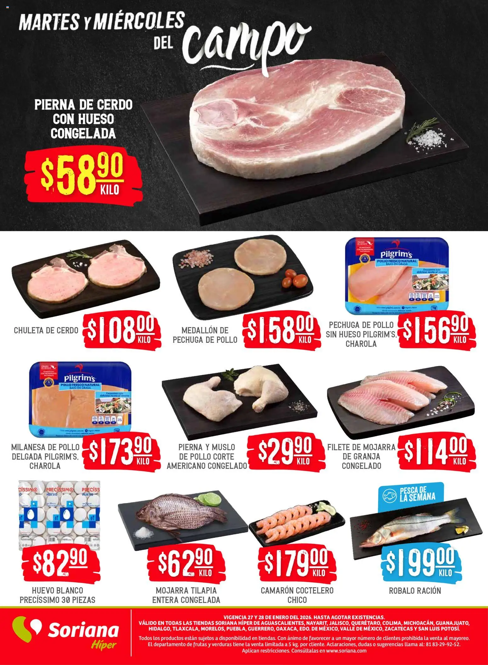 Nuevas ofertas de Soriana válidas en toda la República Mexicana desde el 27.01.2026. ¡Encuentra las mejores ofertas en Soriana - Martes y Miércoles del Campo Híper: Ags, Nay, Jal, Qro, Col, Mich, Gto, Hgo, Tlax, Mor, Pue, Gro, Oax, Edo. de Mex, Vall! | Página: 3 | Productos: Pollo, Milanesa, Huevo, Cerdo