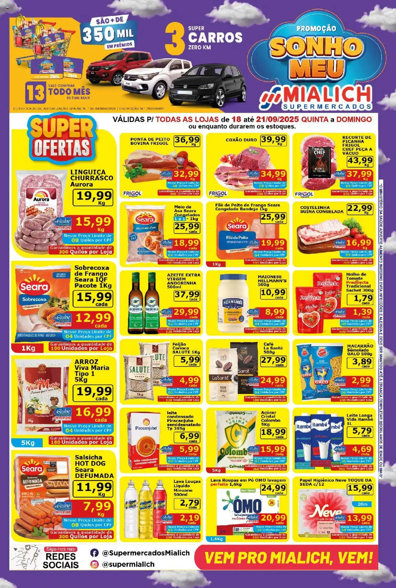 Mialich Supermercados Folheto - válido de 18.09.2025 | Página: 1 | Produtos: Picanha, Arroz, Macarrão, Maionese