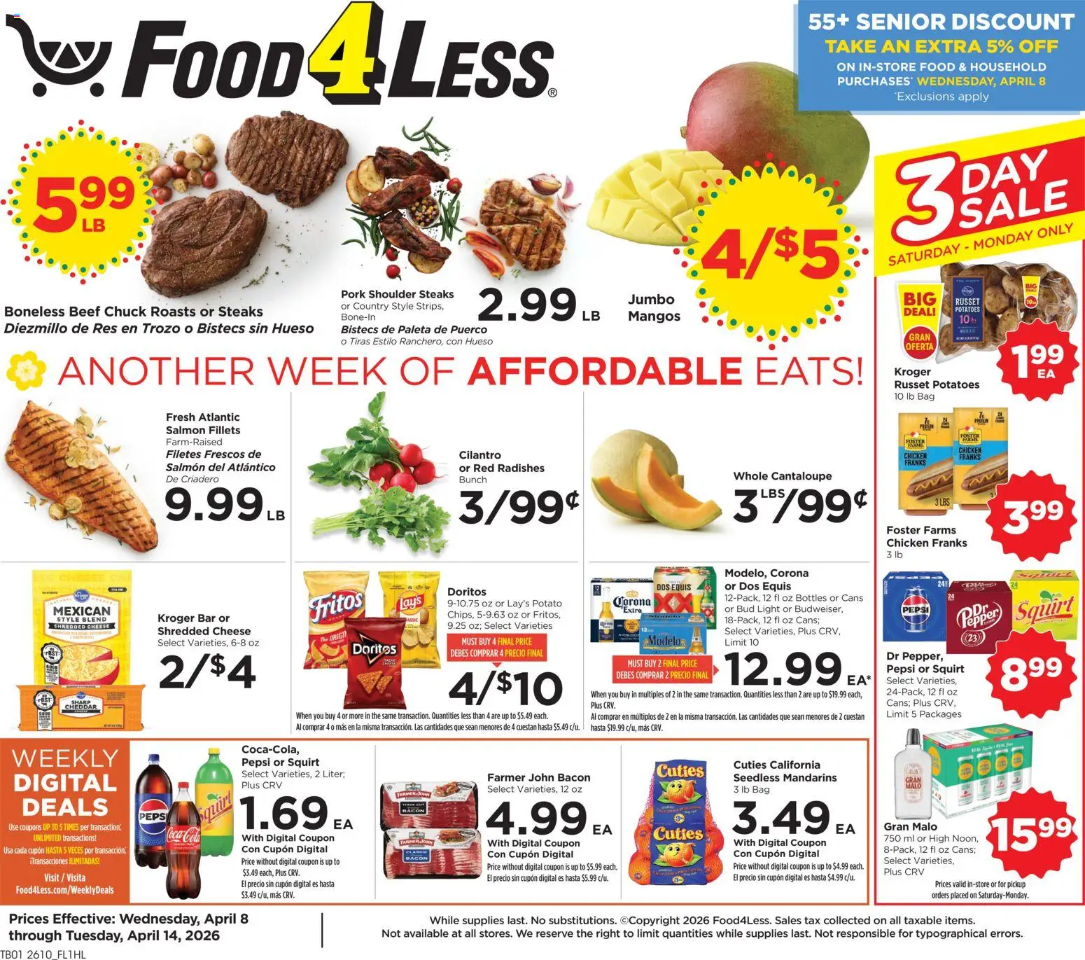 Food 4 Less Weekly Ad - valid from 08.04.2026 | Page: 1 | Products: Mandarins, Cheese, Pork, Pepper