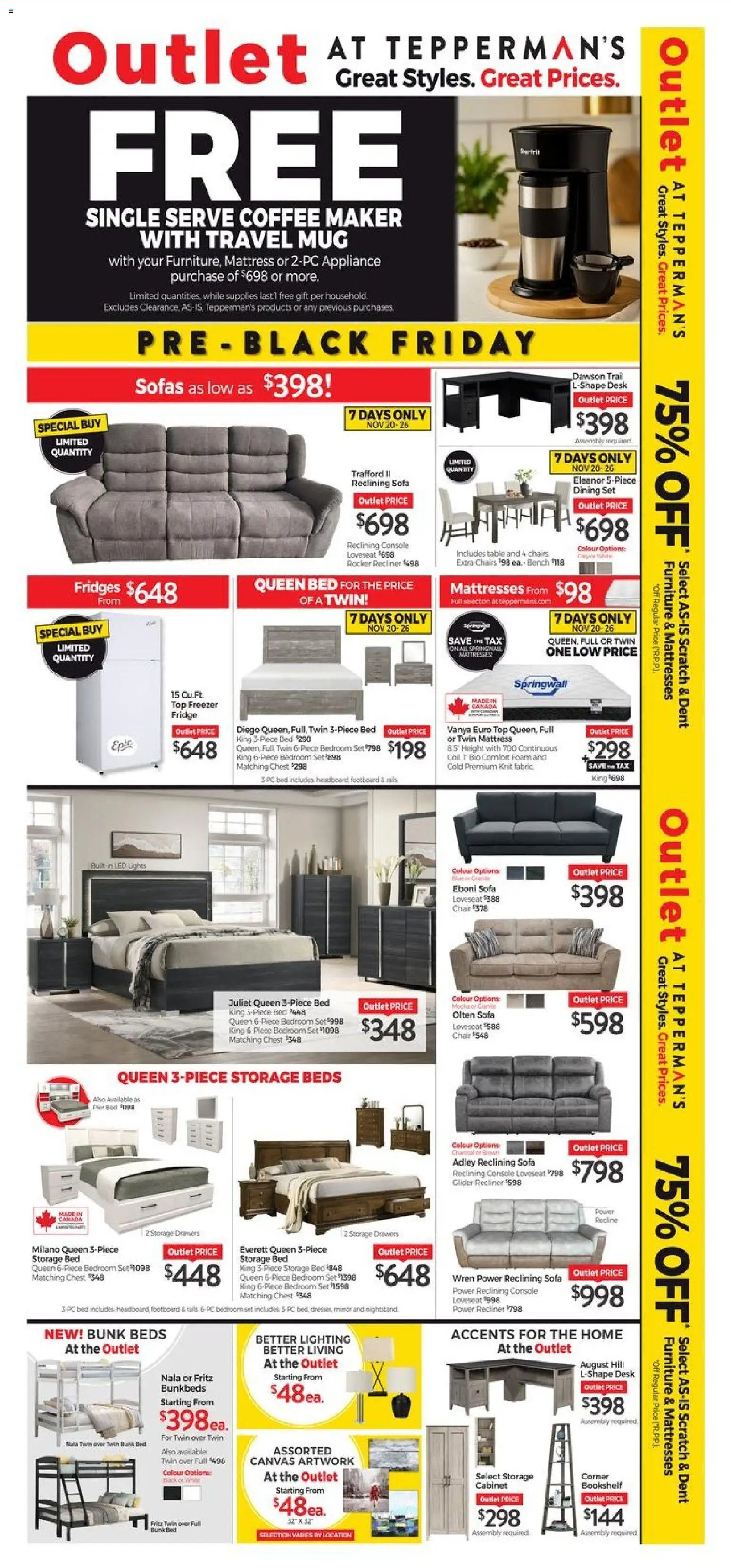 Tepperman's flyer valid from 20.11.2025 | Page: 1 | Products: Coffee maker, Bed, Chair, Coffee