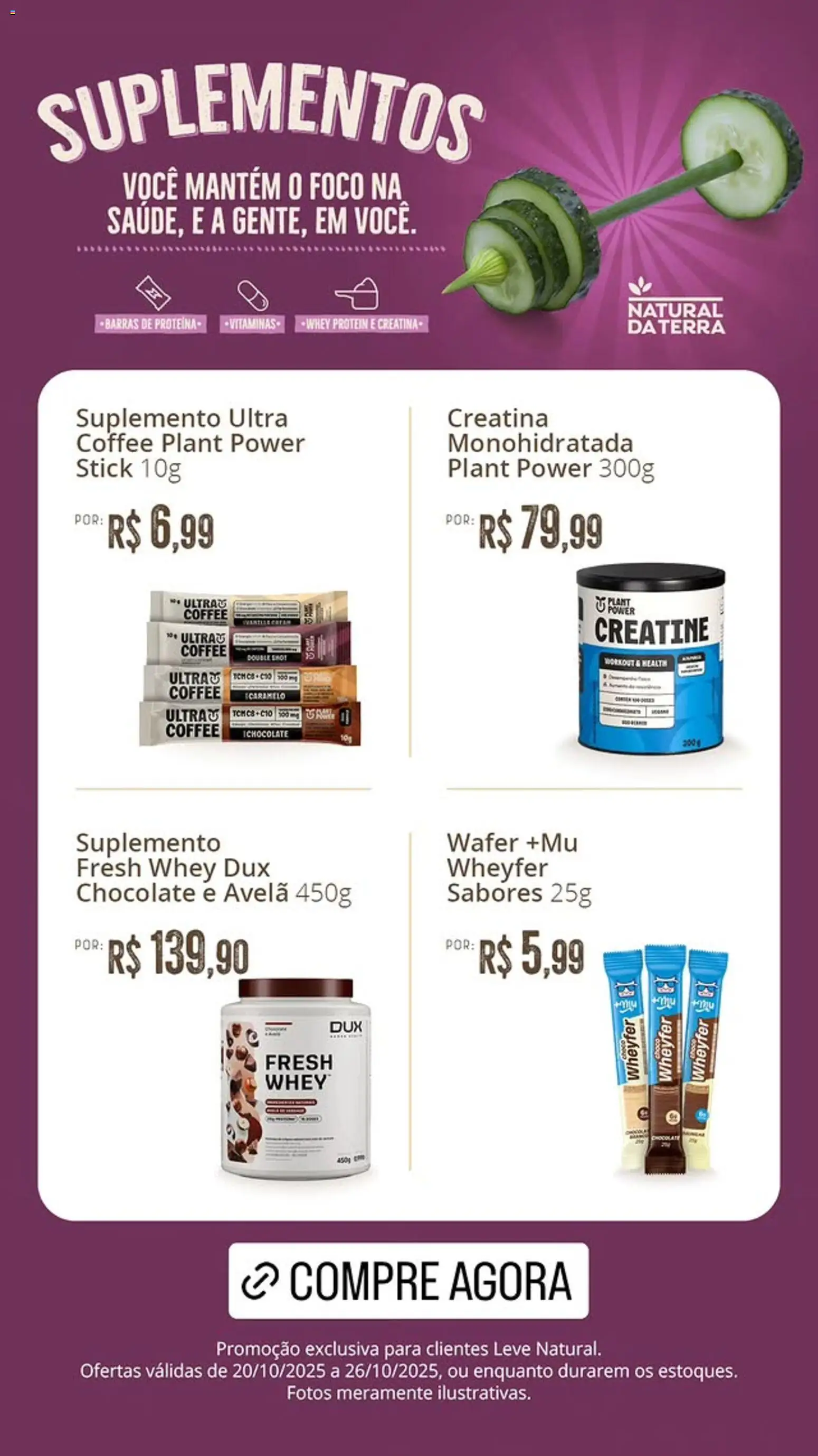 Natural da Terra Folheto - válido de 20.10.2025 | Página: 1 | Produtos: Creatina, Chocolate, Suplementos, Avelã