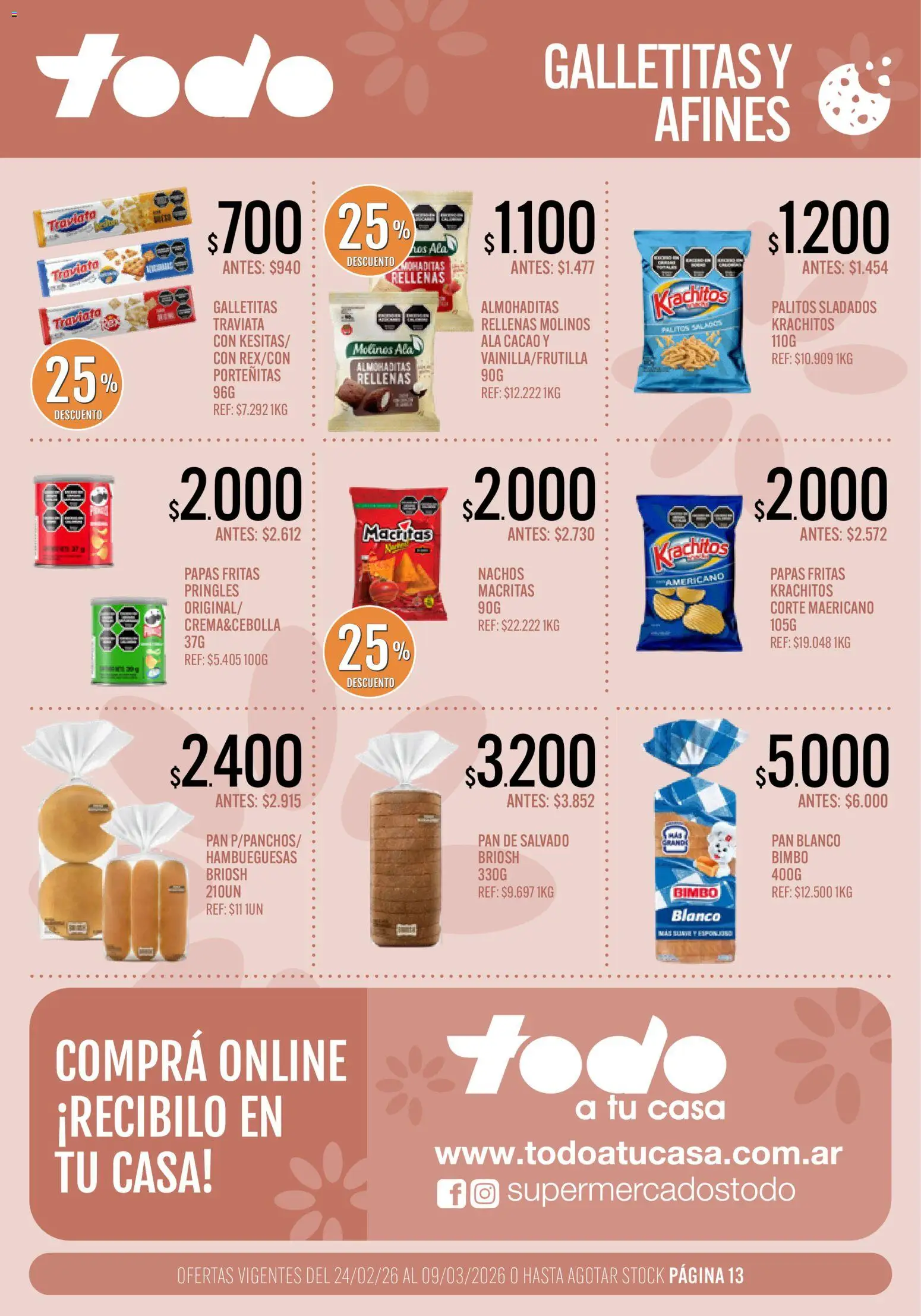 Supermercados TODO - Ofertas │ válido desde el 24.02.2026 | Página: 13 | Productos: Galletitas, Pan, Cacao, Papas fritas